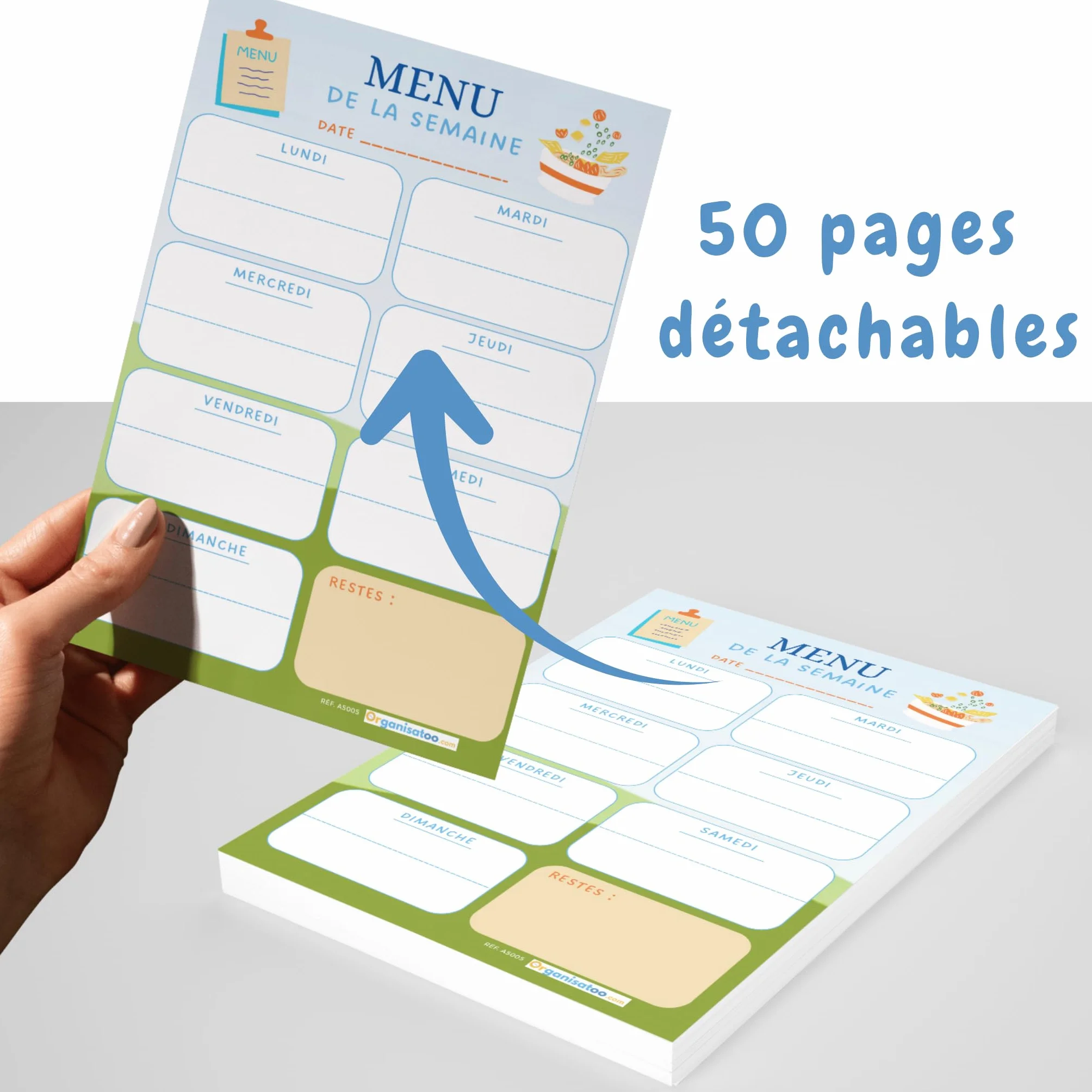 Bloc menu de la semaine - planificateur des repas hebdomadaire A5 - organisation quotidien 50 pages