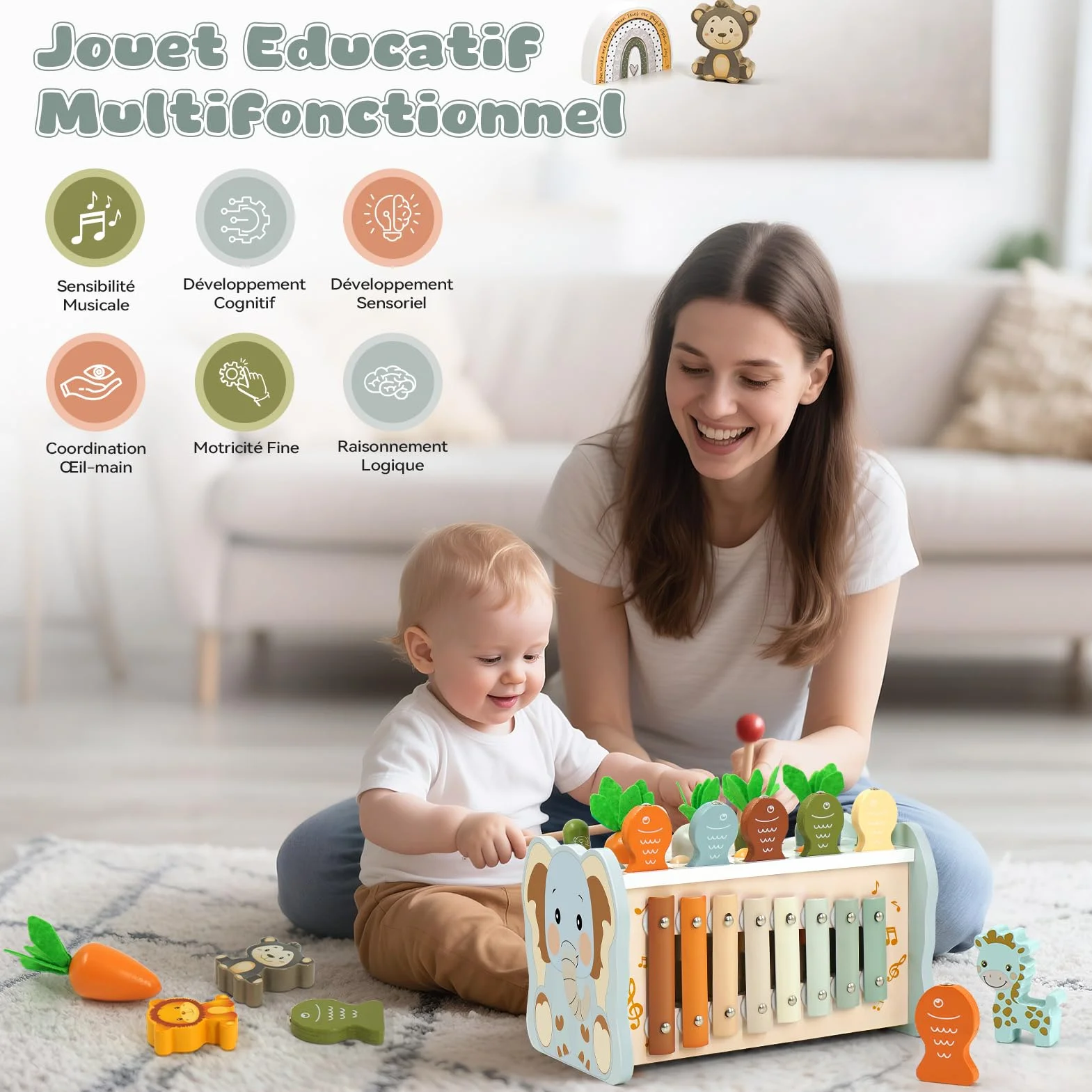 Jouet Montessori 1 an 6 en 1 Bois Bebe avec Xylophone, Jeu de Taupe, Pêche, Engrenage, Cadeau Anniversaire Noël 1 2 3 Ans Garcon Fille