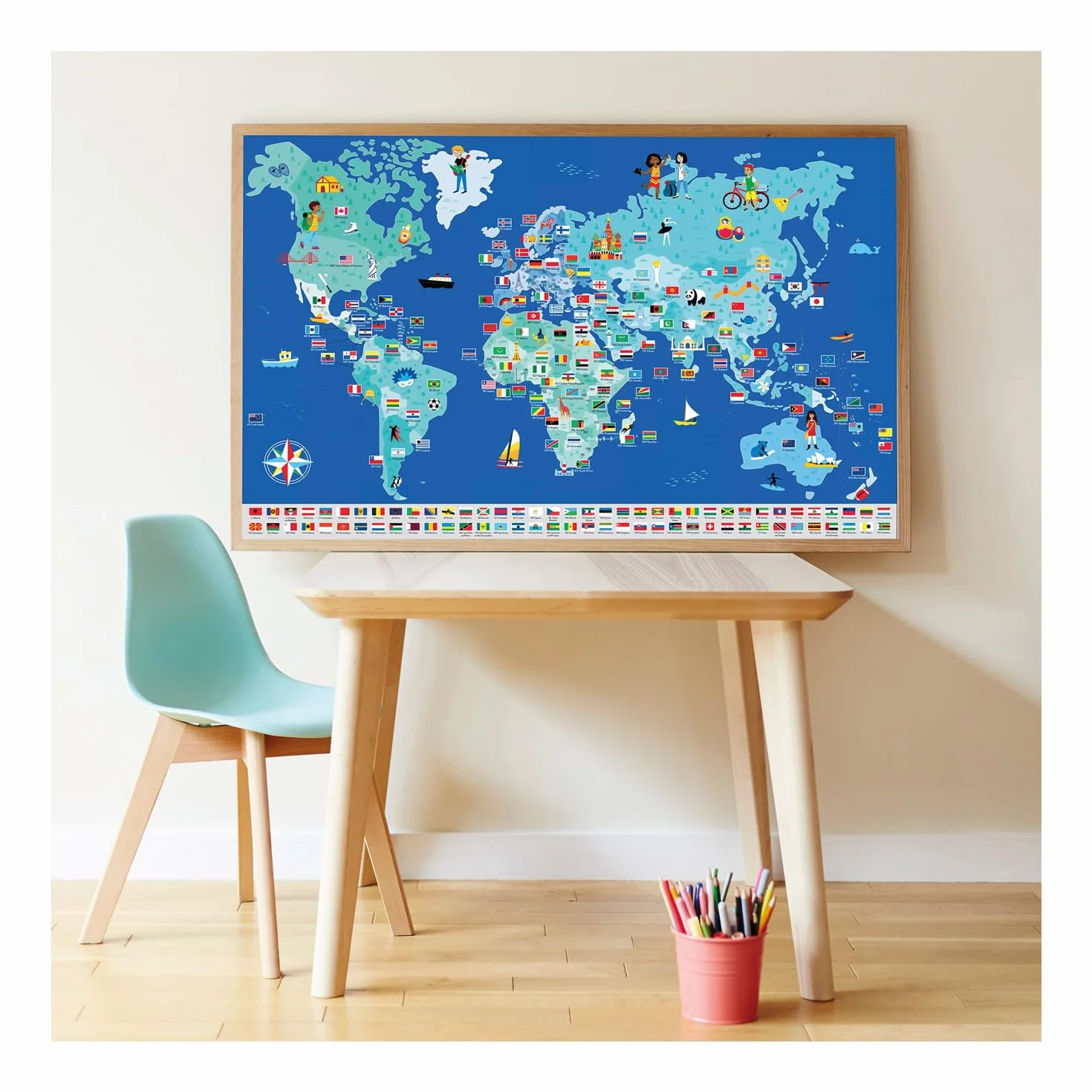 Poster Autocollant Drapeaux du Monde Carte du Monde éducatif interactif 68 x 100 cm pour Enfants 7 Ans