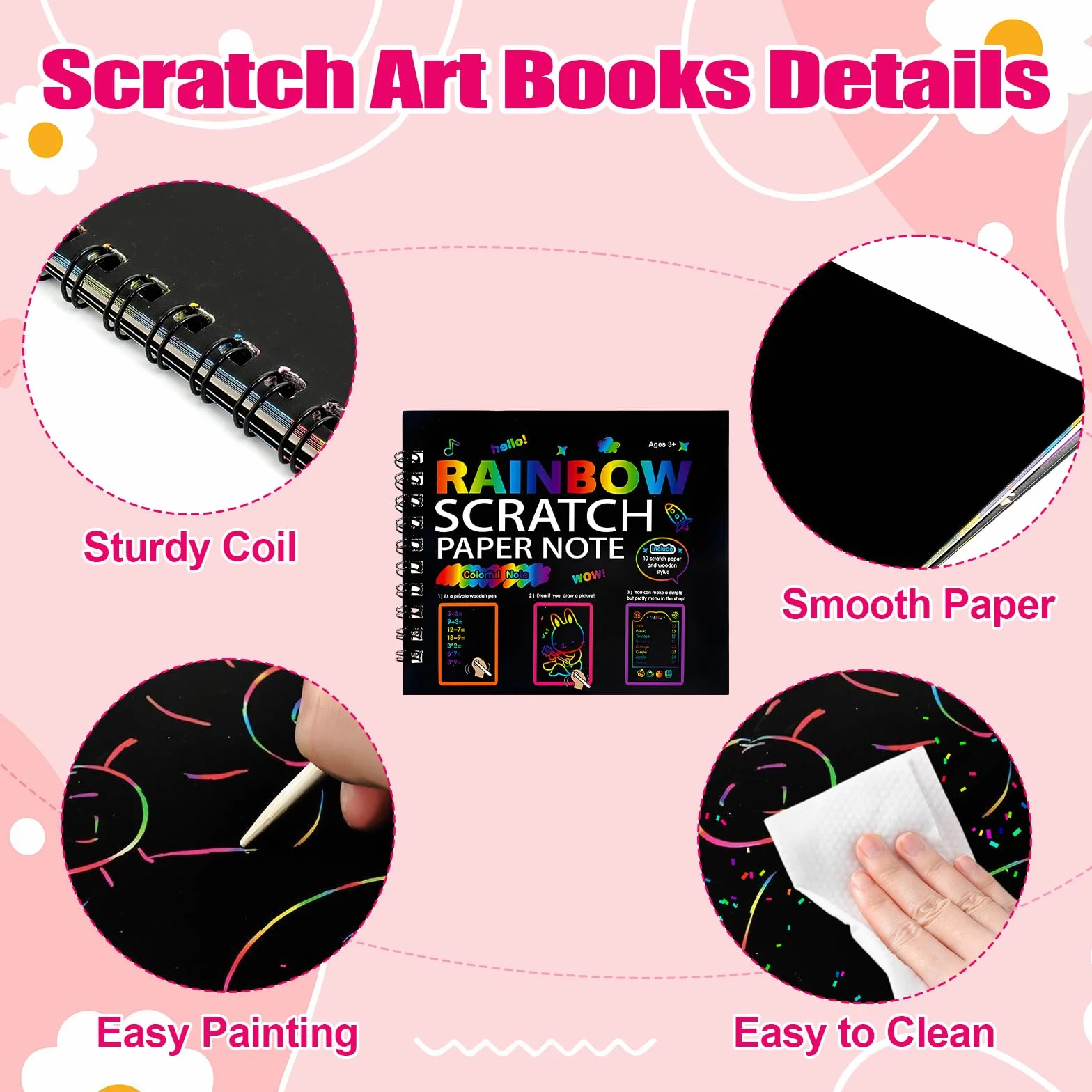 Carte à Gratter Enfant 12 Pack Notes Arc-en-ciel Livre d'Art à Gratter avec Stylo Bambou