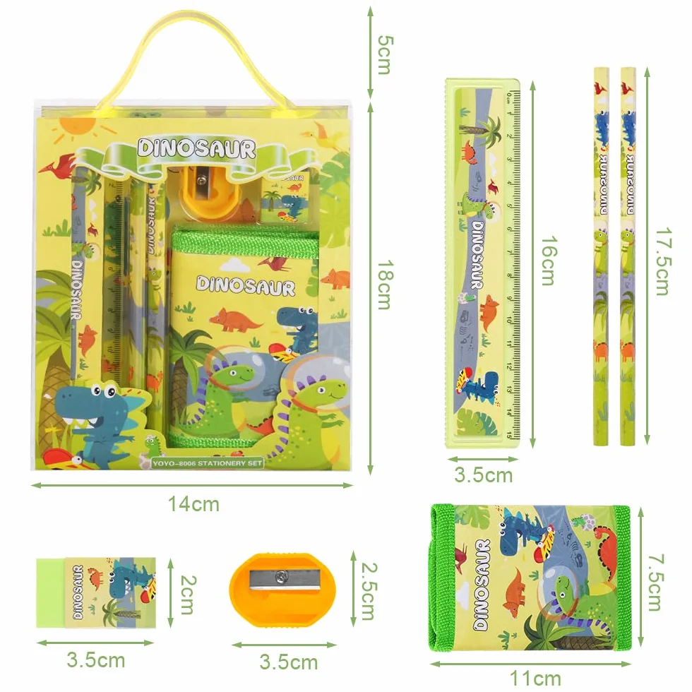 Vicloon Papeterie Dinosaure 6pcs Ensemble Étui Crayon Porte-Monnaie Règle Taille-Crayon Gomme Cadeau Filles