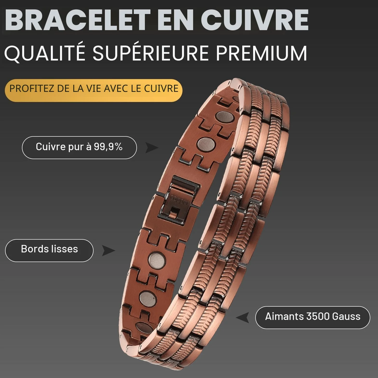 BioMag Bracelet magnétique en cuivre pour homme, 21,8 cm réglable