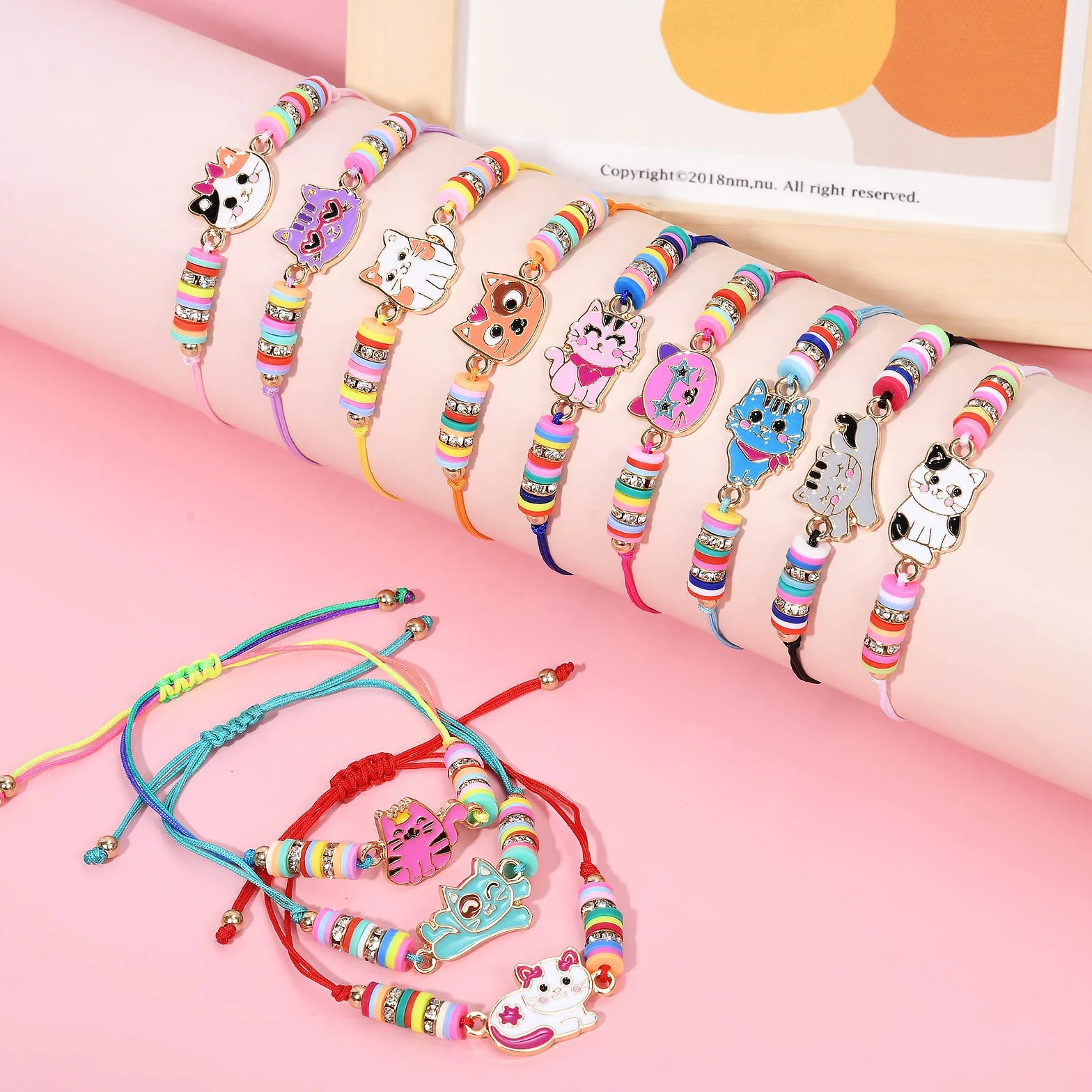 Toyssa 12 Pièces Bracelet Enfant Fille, Bracelet Amitié Tissé Réglable (Chat)