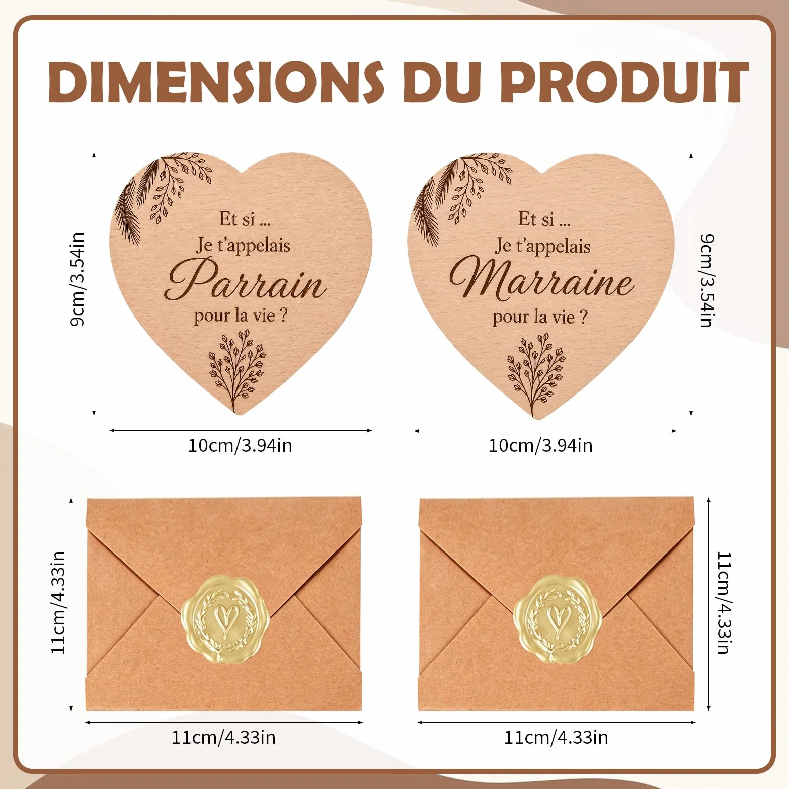 Cœurs Gravés Parrain Demande Marraine Baptême Naissance Lot 4 Pièces 10x9 cm Enveloppes Kraft Cadeau Bébé Famille