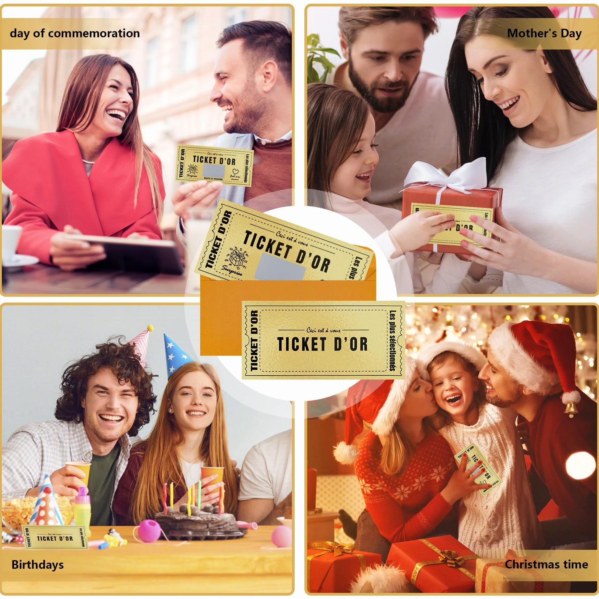 Carte à gratter Golden Ticket d'Or Personnalisable 6 Pièces Cadeau Surprise Anniversaire Saint-Valentin