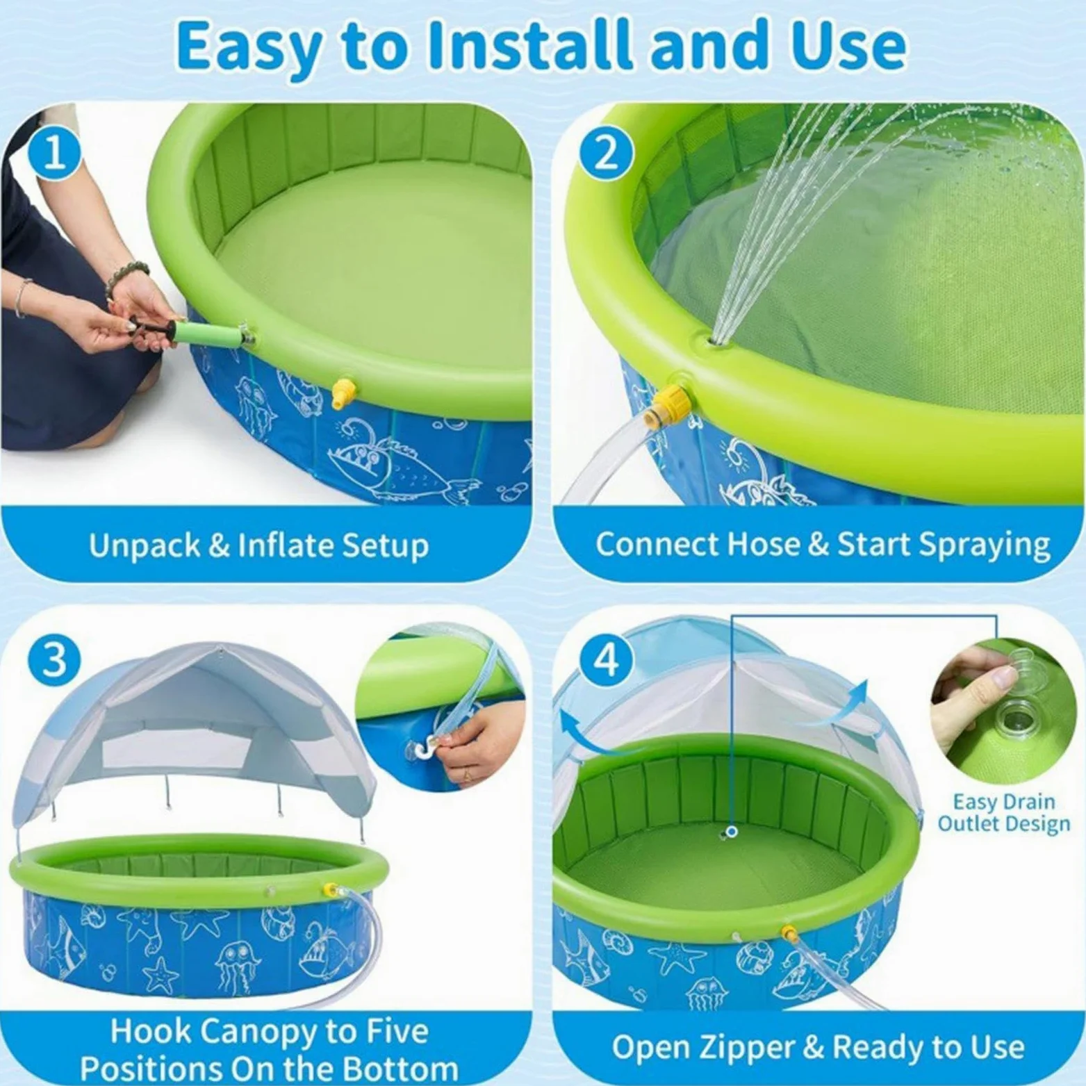 Piscine Gonflable Avec Auvent Jouet Pliable Antidérapant Avec Filet | Piscine gonflable Convient Pour L'Extérieur En Été, La Terrasse, Le Parc, La Plage, Le Jardin Et Les Voyages