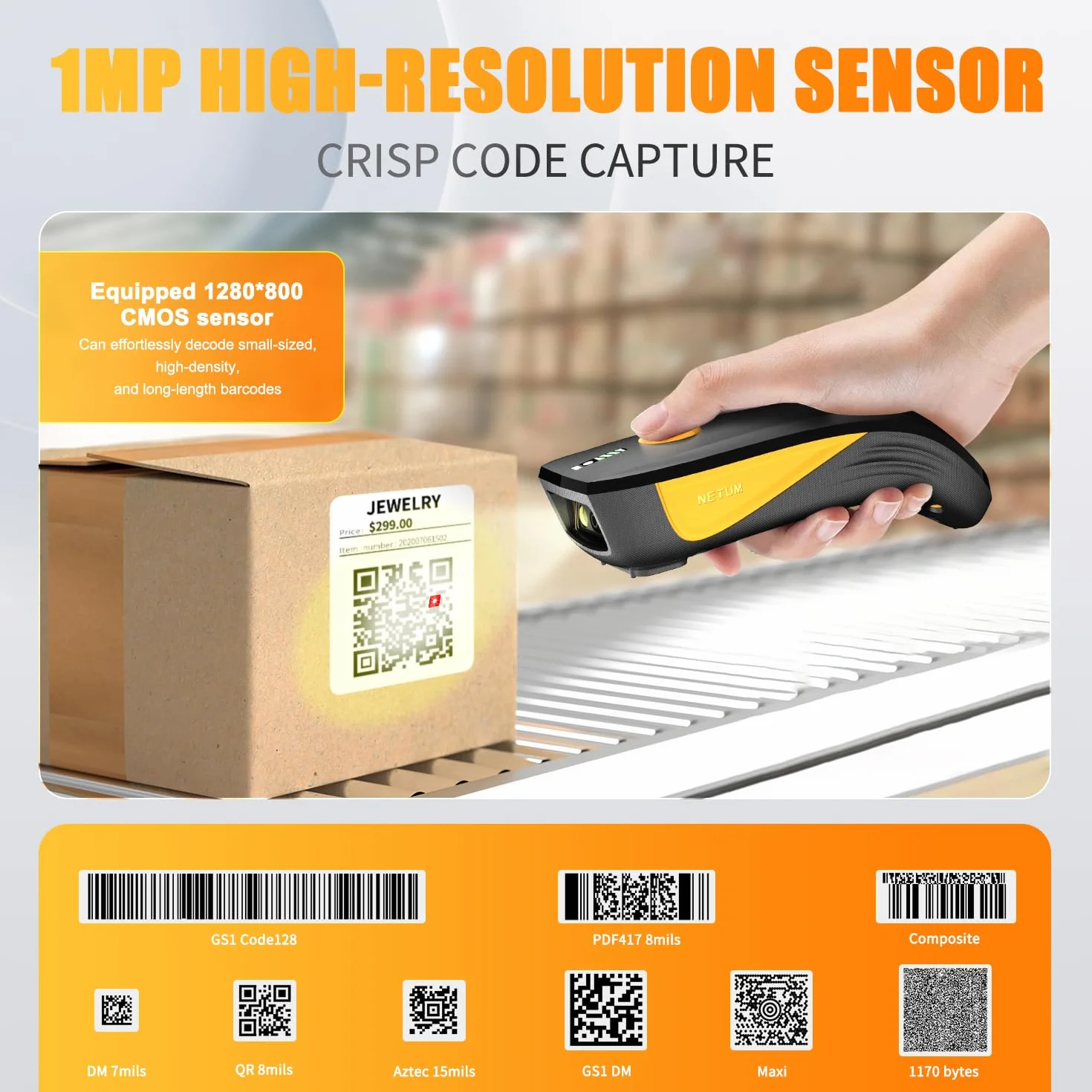 NETUM CS7501 Bluetooth QR Scanner 1D 2D Portable sans Fil Lecteur de Codes-Barres pour Gestion des Stocks