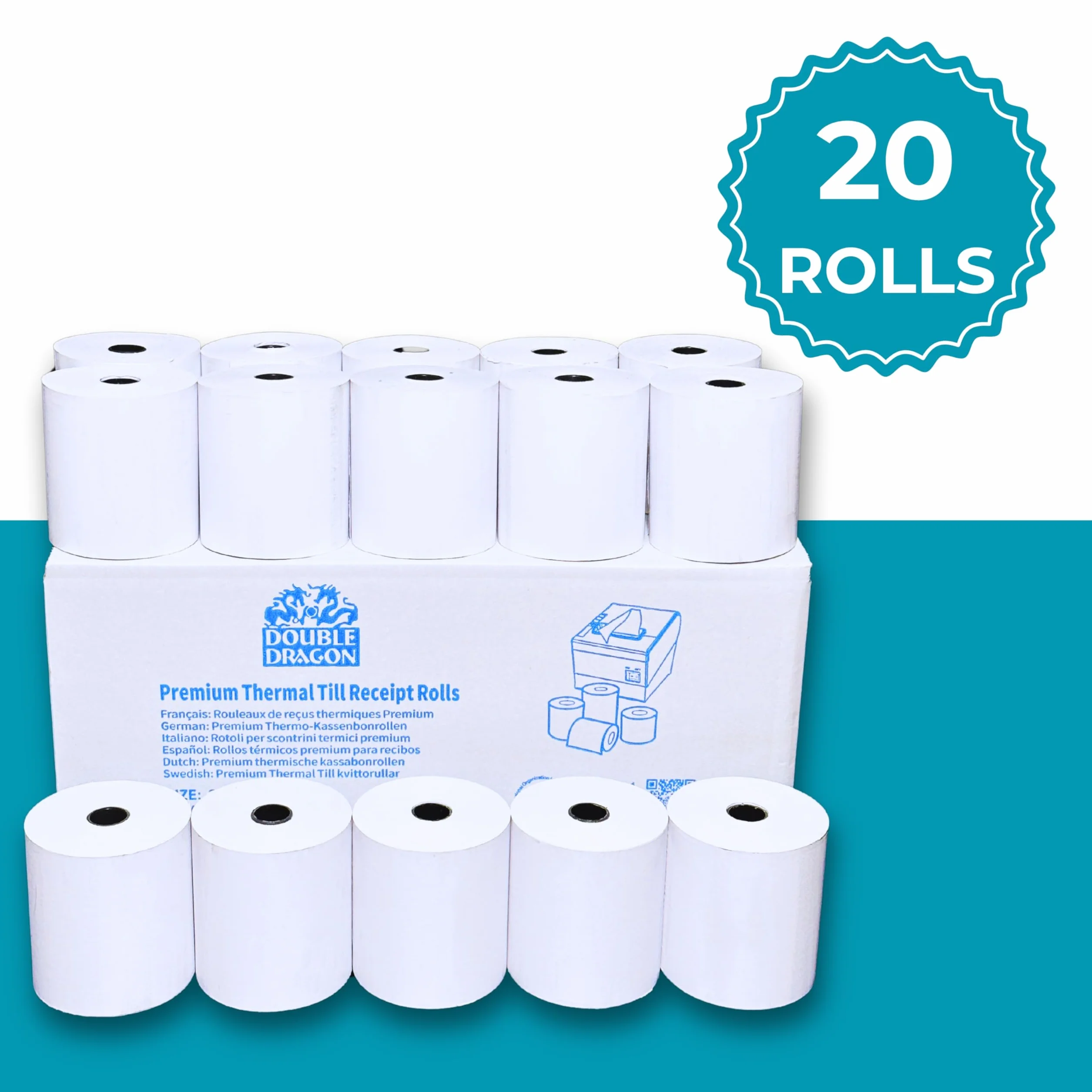 Double Dragon Rouleau Papier Carbone Sans Thermique 3 Couches 76 x 76 mm pour Imprimante Cuisine, Calculatrice d’Impression, Ticket de Caisse - 20 Rouleaux