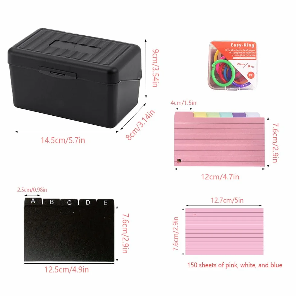 Fiche Bristol Flash Cards 150 Fiche de Revision +150 Doublures Colorées +8 Anneaux de Livre Boîte Index A7 Noir