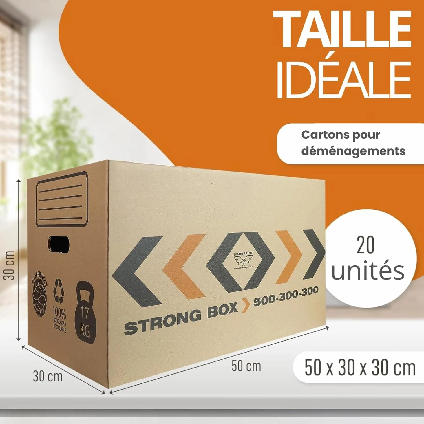 Carton Déménagement 50x30x30 cm Lot de 20 Boîtes Réutilisables Renforcés avec Filet de Protection