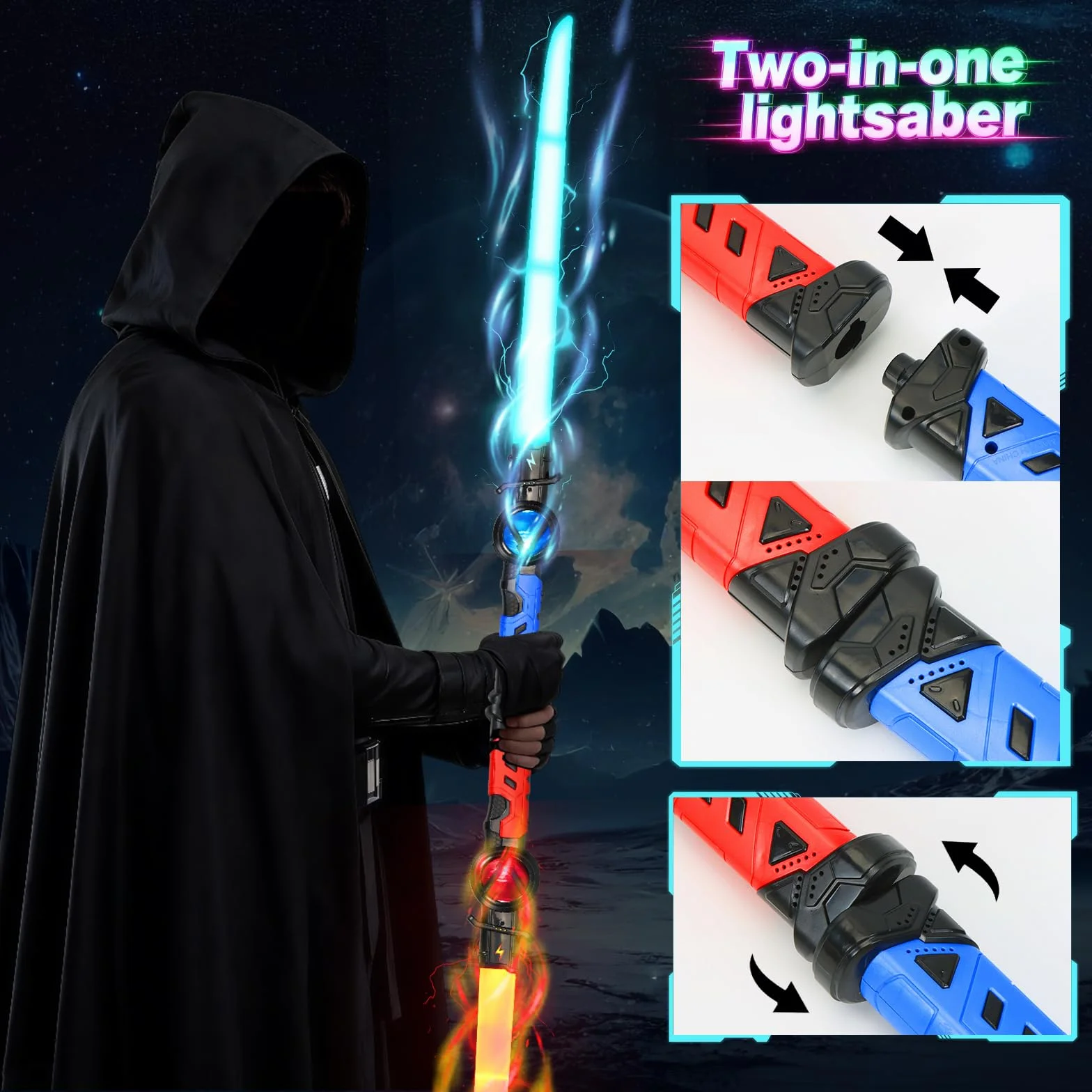 Sabre Laser Enfants 2 Pièces Télescopique LED Rechargeable Bleu Rouge 15 Couleurs Halloween Noël Cosplay
