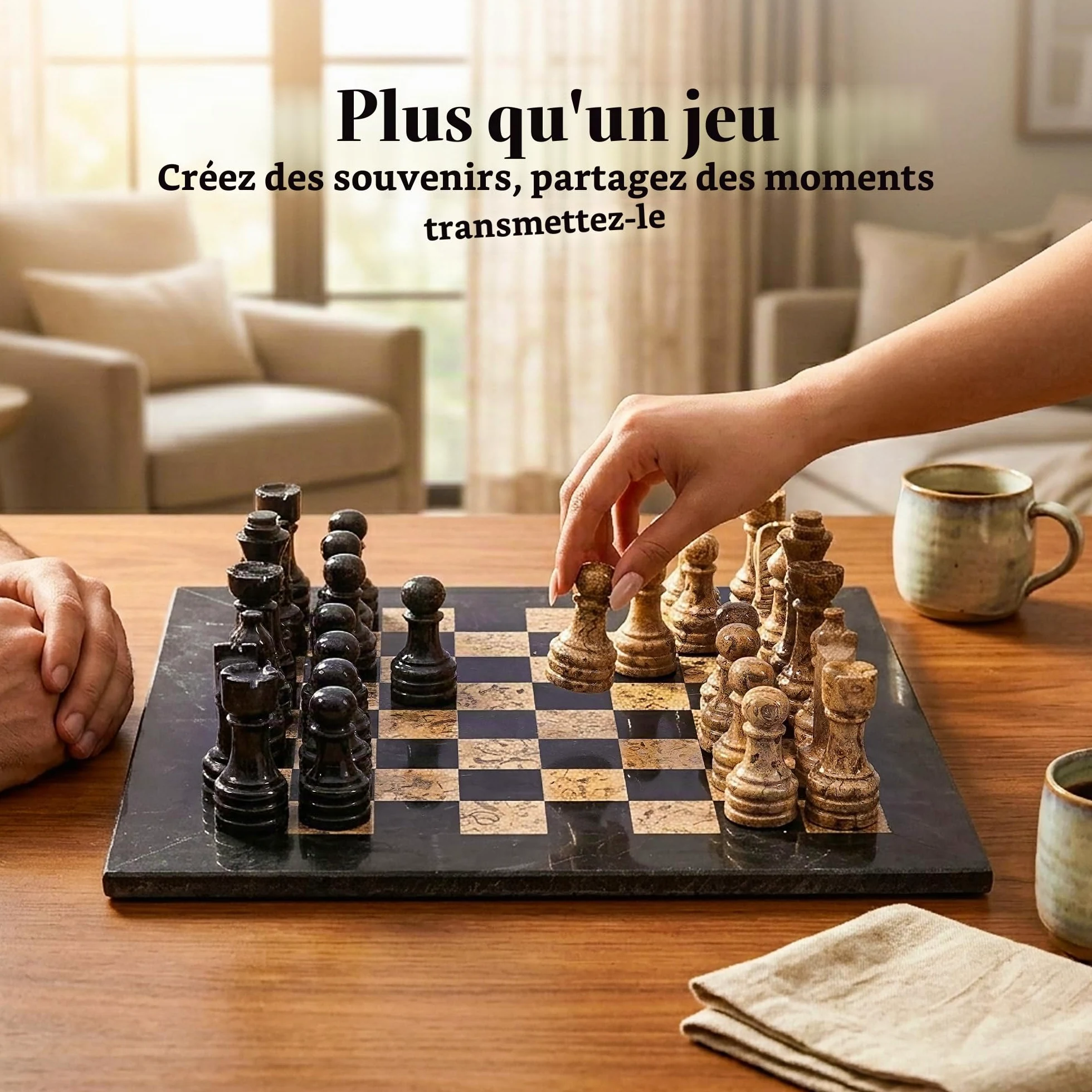 Radicaln Jeu d'échecs en marbre 38,1 cm Noir et Corail fossile Jeux de société Faits à la Main pour Adultes – 1 échiquier et 32 ​​pièces d'échecs – Jeu d'échecs pour Adultes