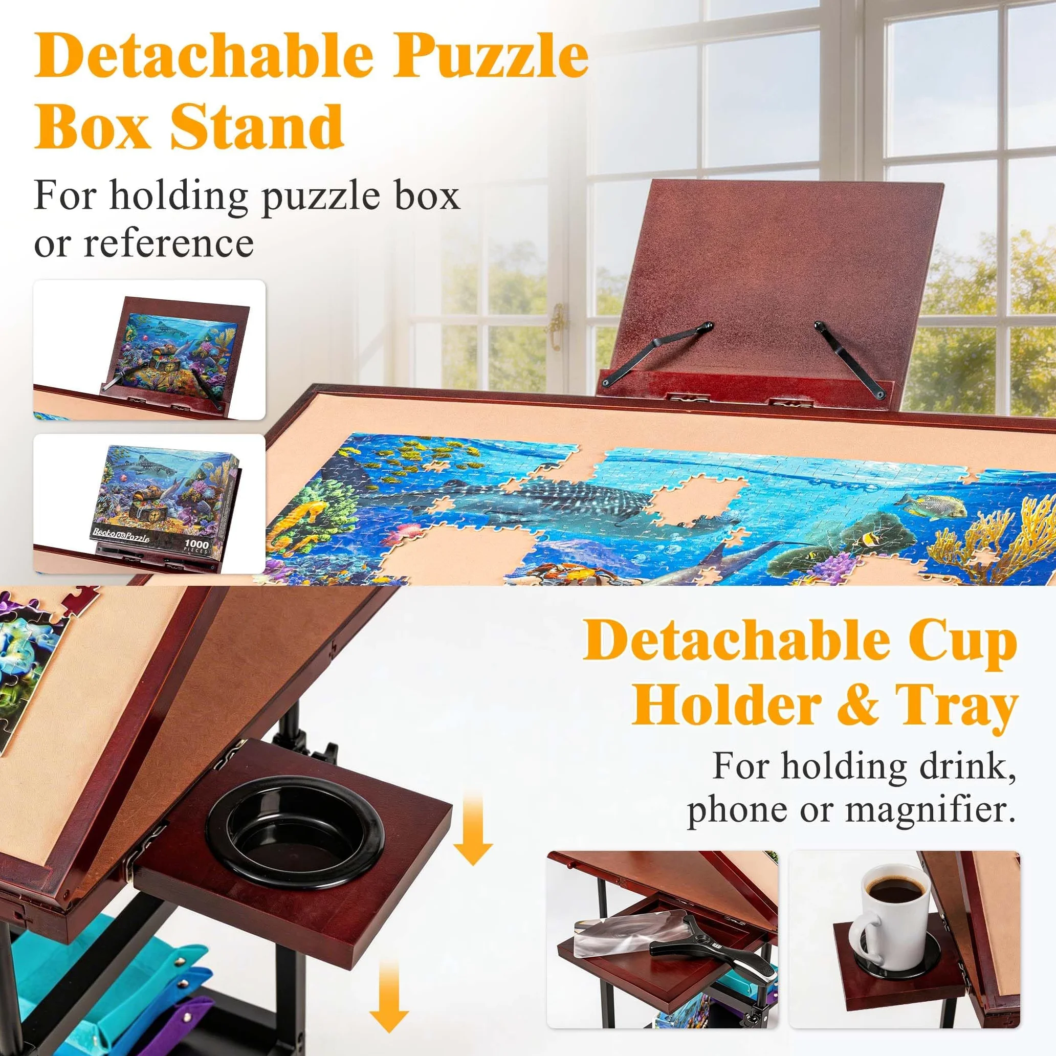 Table puzzle de 1500 pièces avec 5 tiroirs et couvercle, plateau puzzle inclinable sur roulettes, 3 angles d'inclinaison et réglage de la hauteur, porte-gobelet et support pour boîte à