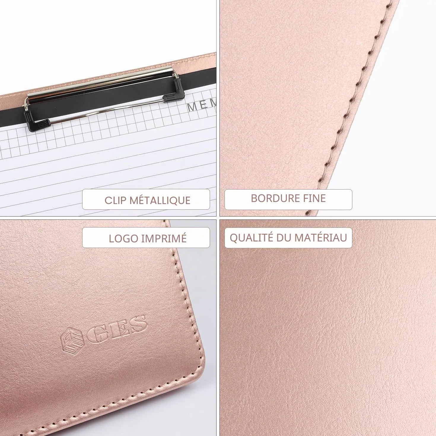 Porte-documents GES A4 en cuir avec pince-notes pour CV entreprise école bureau conférence (Or rose)