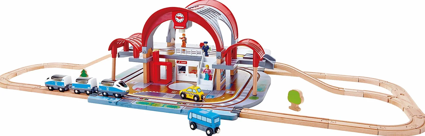 Jouet Hape Grande Gare Urbaine pour Circuit Train Bois - 45 Pièces - Compatible Circuits Traditionnels