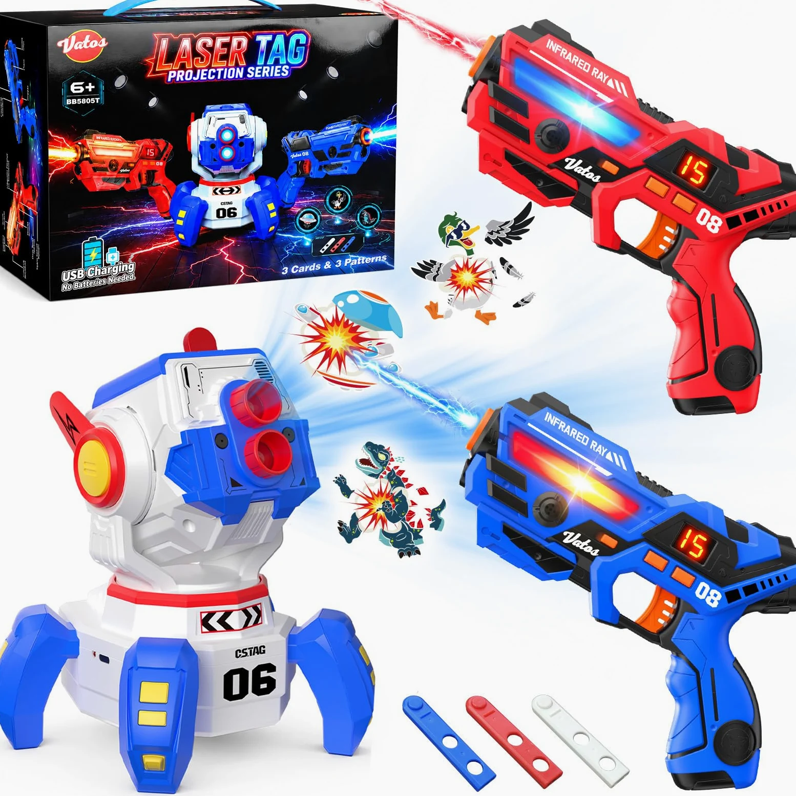 VATOS Set Laser Tag Rechargeable 2 Joueurs, Pistolets Laser Infrarouges et Projection Interactive (Écran LED + 3 Cartes Cibles), Jeu Laser Intérieur/Extérieur pour Enfants, Ados et Famille dès 6 Ans