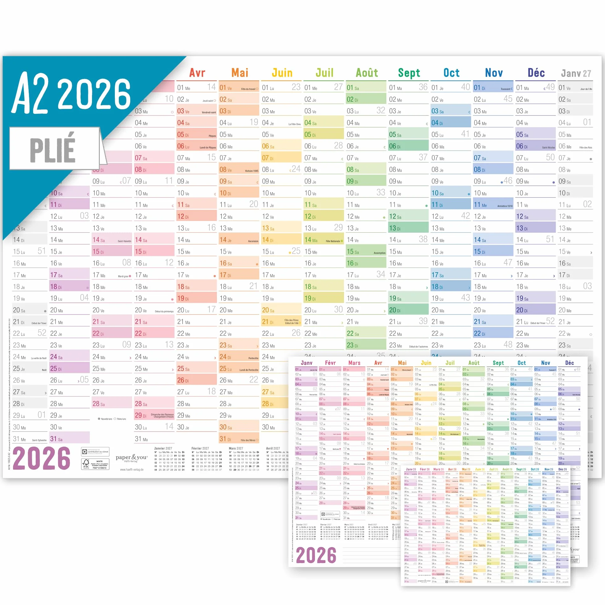 Calendrier mural 2026 A2 français 14 mois déc 2025 jan 2027 jours fériés France