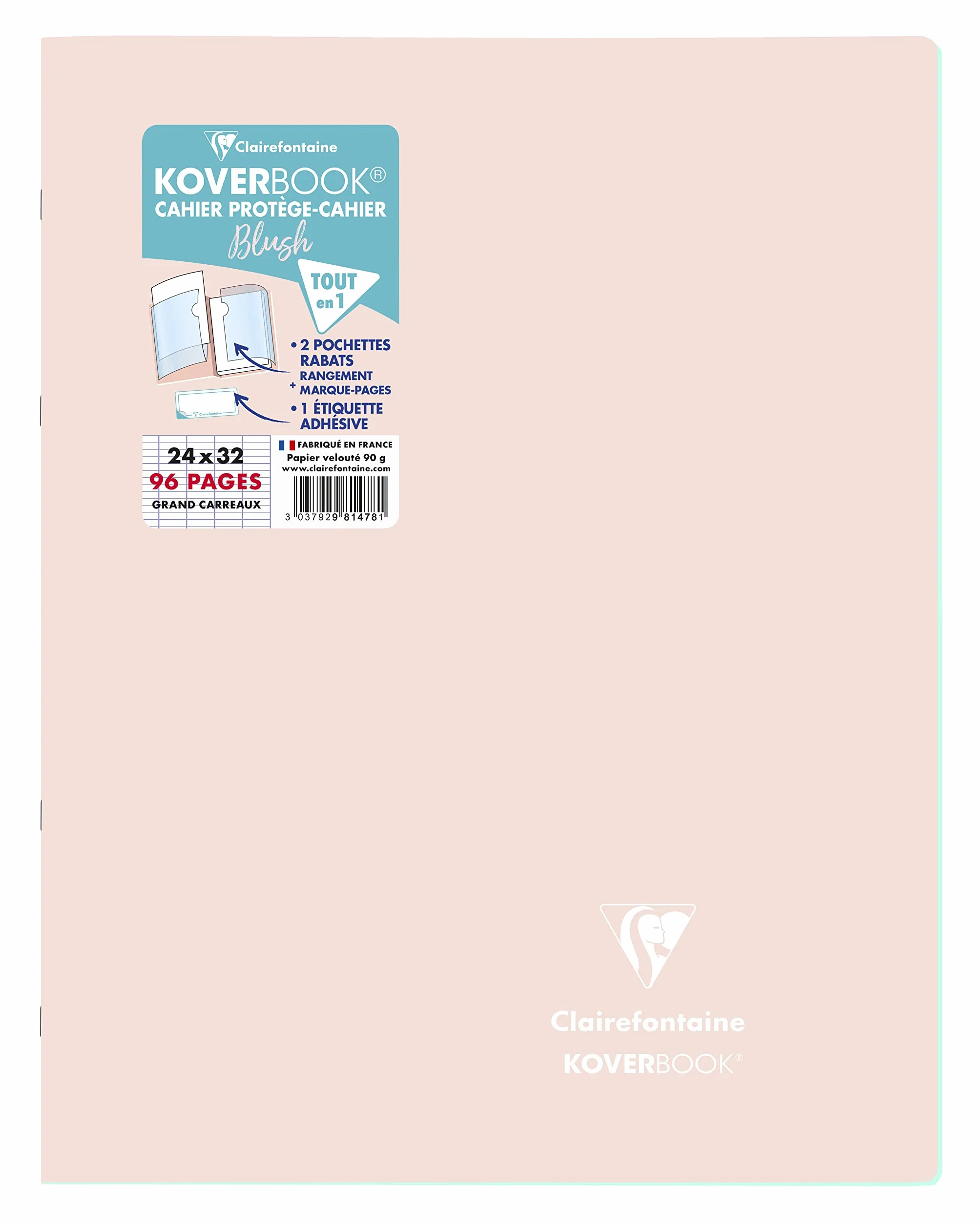 Clairefontaine Koverbook Blush Rose poudré - 24x32 cm - 96 Pages Grands Carreaux - Papier Blanc 90 g
