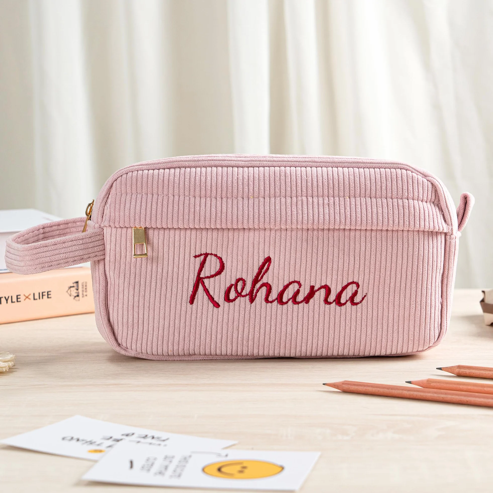 Trousse à Stylos Brodée Personnalisable Velours Côtelé 24x8x13.5cm - Trousse Écriture Adulte