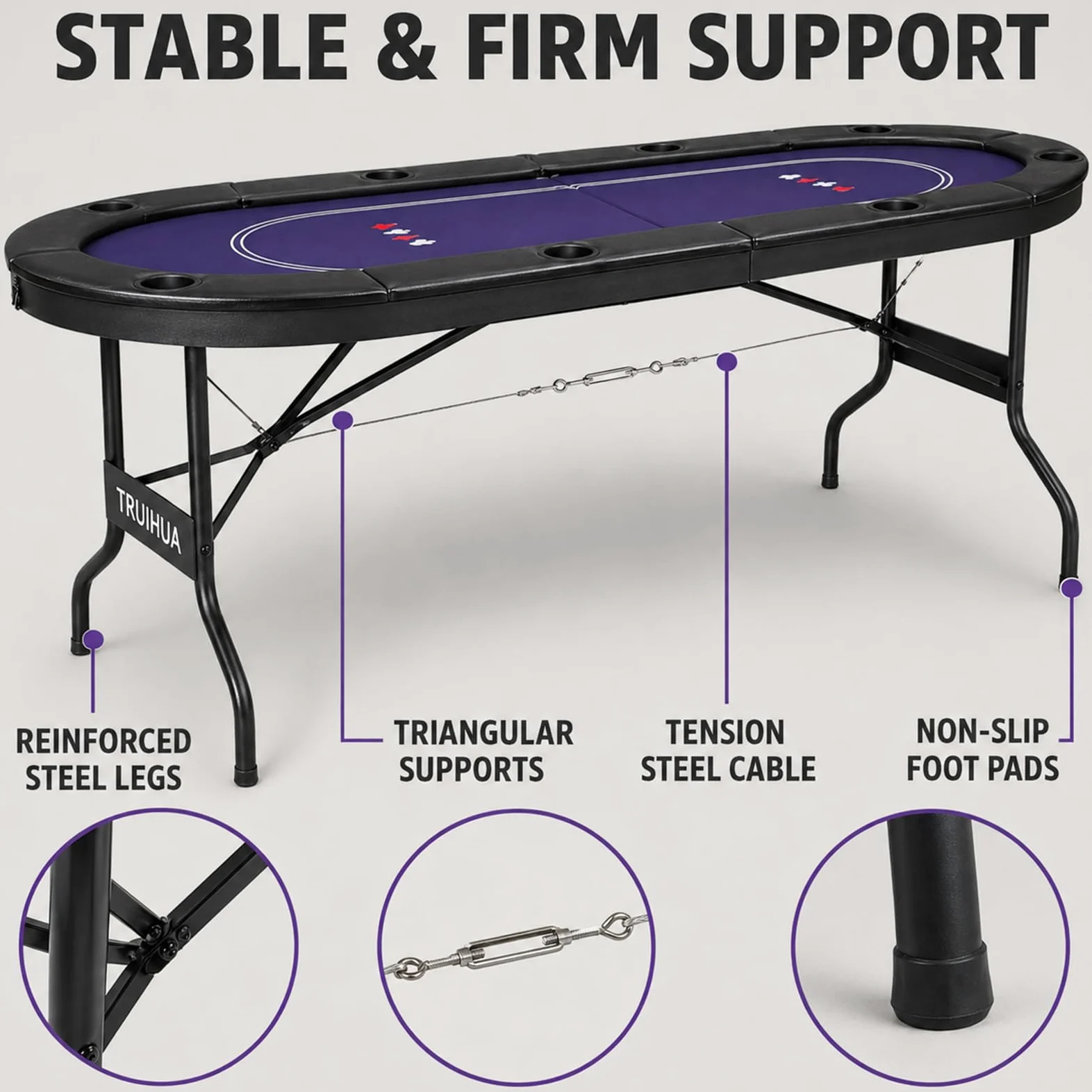 Table de poker pliable de 180 cm pour 8 joueurs, avec 2 tapis de jeu interchangeables en feutre, rail rembourré et porte-gobelets, Texas Hold'em et Blackjack