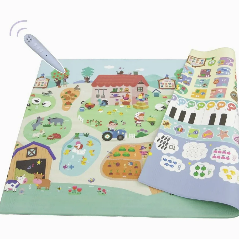 Dwinguler Tapis de jeu pour bébé - Motif maison de ferme - Large 230 cm x 140 cm x 15 mm - Réversible, doux, sans substances nocives, imperméable, antidérapant, certifié CE