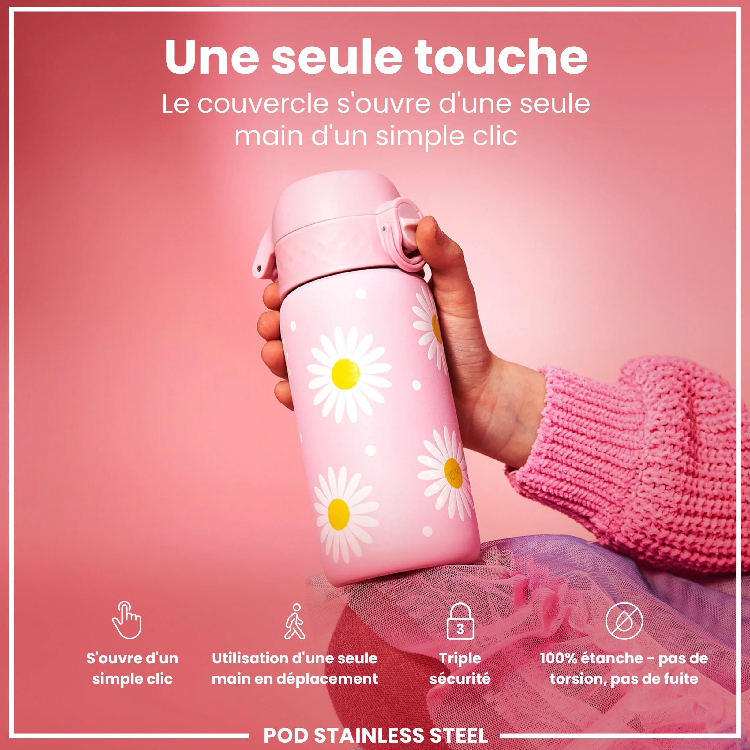 Ion8 Gourde Enfant Inox 400ml Anti-Fuite Verrouillage Sécurisé Lavable Lave-Vaisselle Acier Inoxydable Marguerites