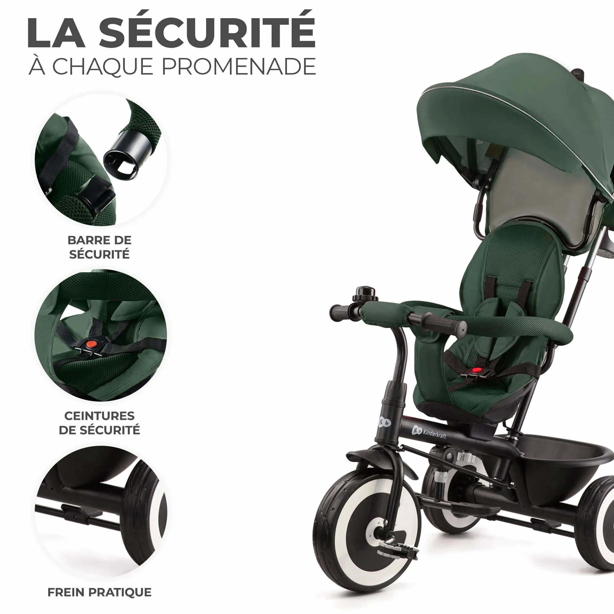 Kinderkraft Aston Tricycle Évolutif Bébé, Draisienne, Trike, Velo Poussette, Enfant 5 Ans, 9 Mois, Compact, Capote Pliante, Vert