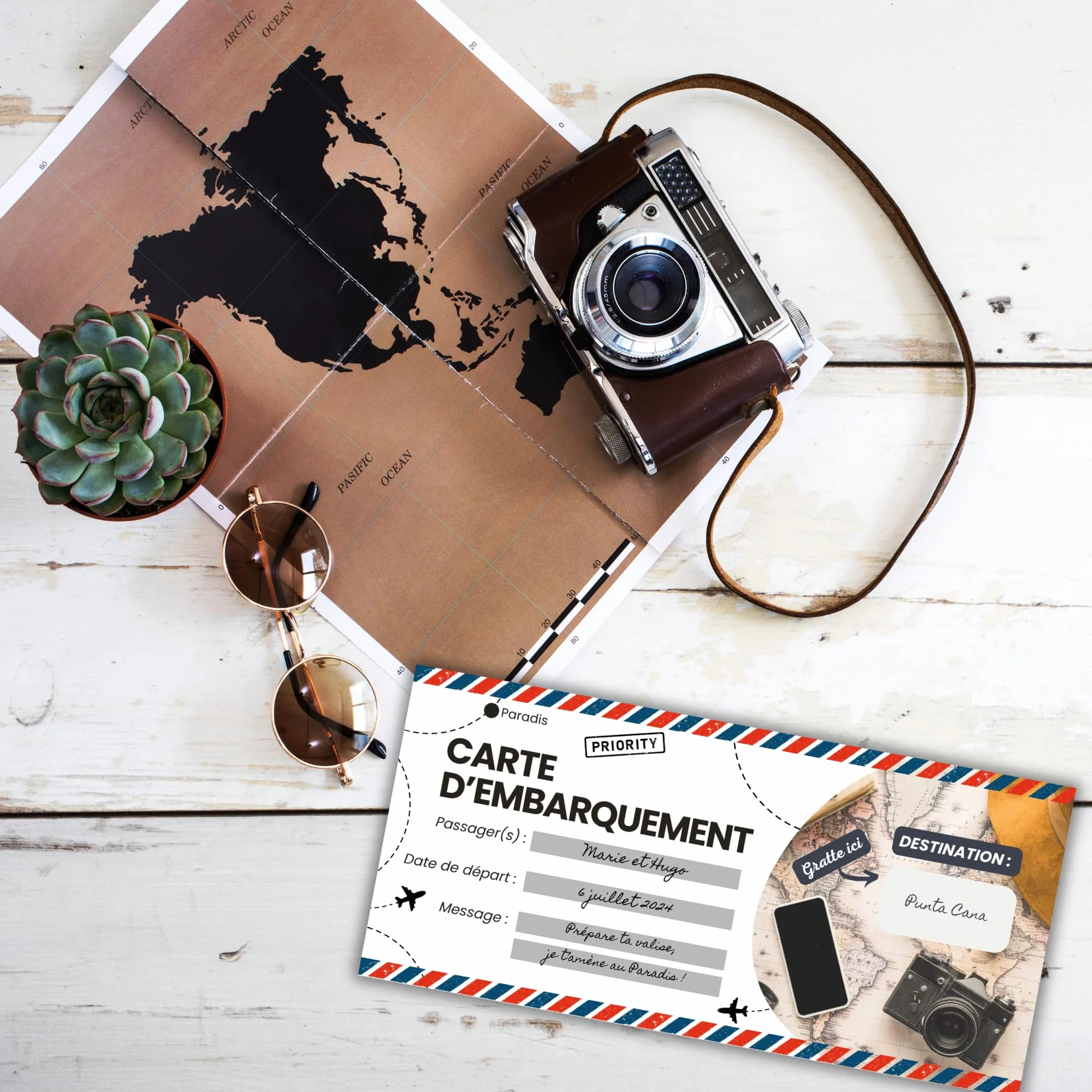 Carte à Gratter Voyage Surprise Personnalisable en Français - Billet d'Avion Annonce Cadeau Anniversaire Noël EVJF EVG - Pack de 2