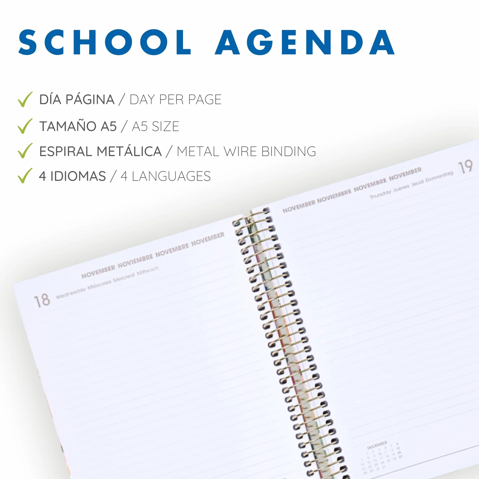 Agenda Scolaire 2026 2027 A5 15x21 cm Couverture Rigide Fermeture Spirale Élastique Langues ESP ENG FRA ALL Savanna