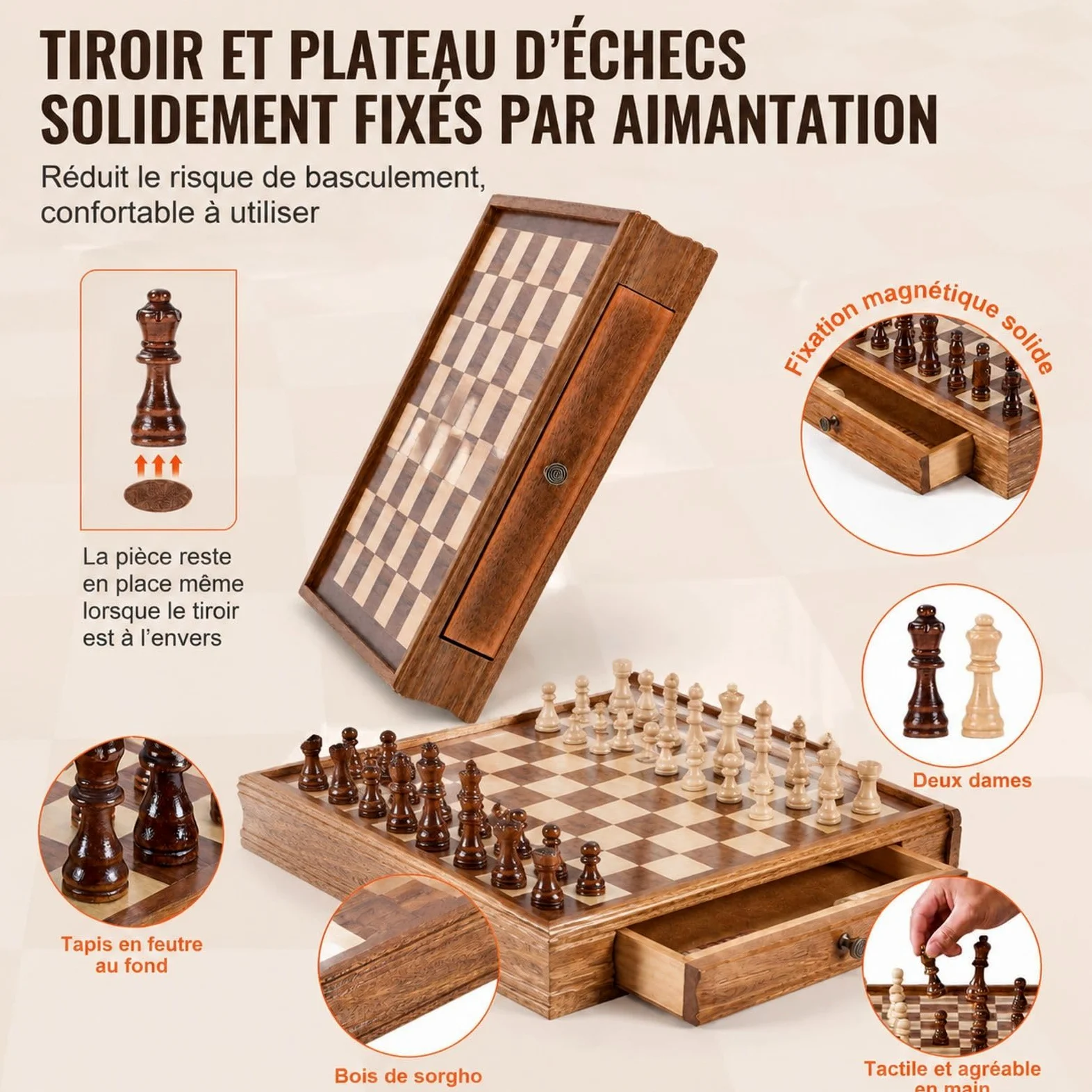 Jeu d'échecs et de Dames 2 en 1 en Bois avec tiroir de Rangement, pièces lestées et 2 Reines