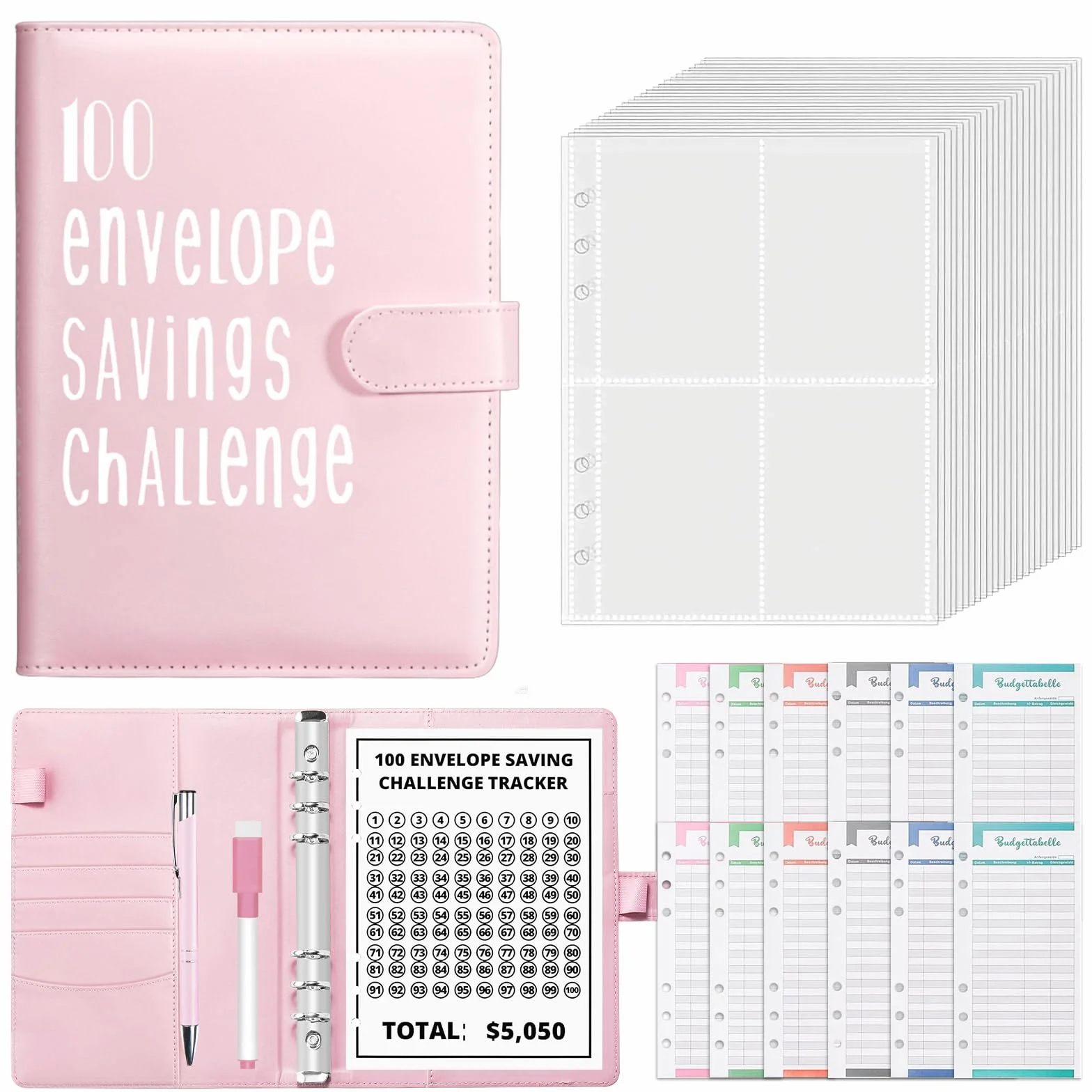 Classeur de Défi 100 Enveloppes A5 Budget Cahier avec Stylo Feuilles Rose