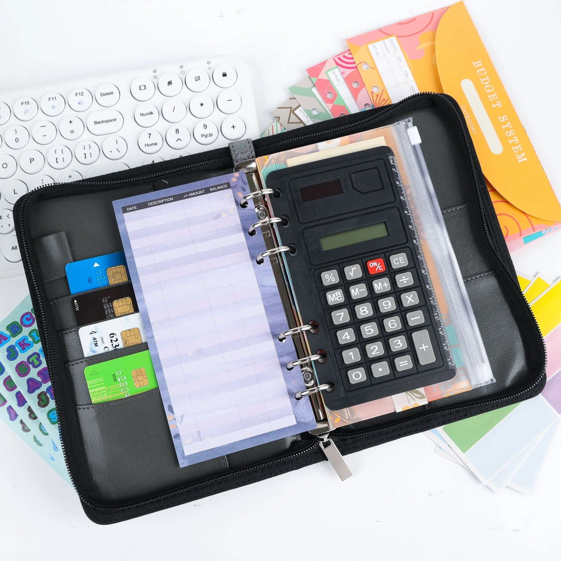 Classeur de budget A6 avec fermeture à glissière, organiseur d'argent, 4 pochettes PVC, enveloppes 12 couleurs, mini-calculatrice (Bleu)