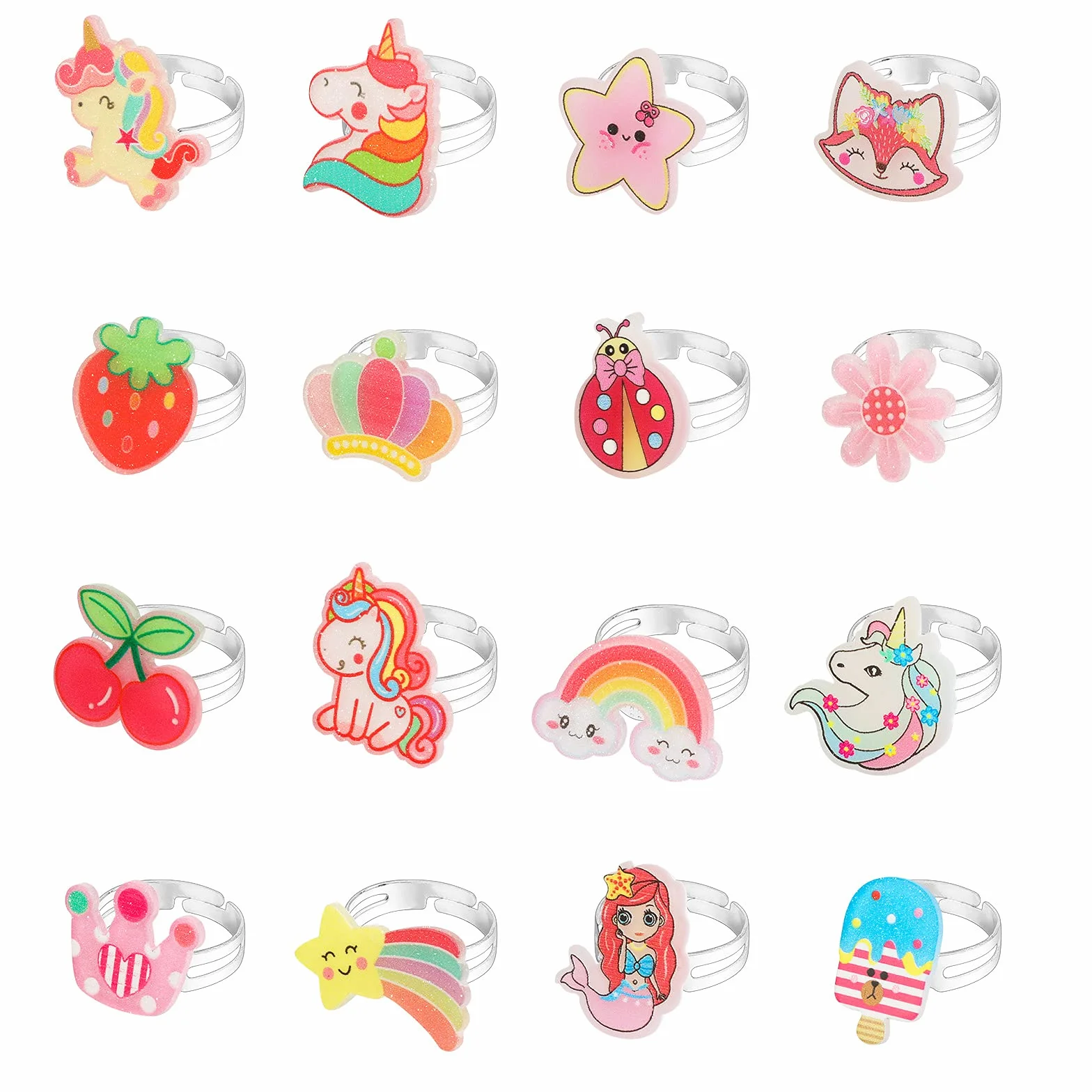 HIFOT 16 Pièces Bagues Réglables pour Enfants avec Boîte Coeur Rose, Kit Bijoux Princesse
