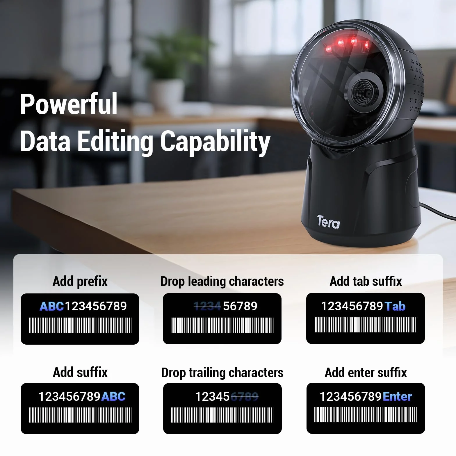 Tera Scanner de Codes-Barres Omnidirectionnel 1D 2D QR Mains Libres USB Filaire Tête de Numérisation Réglable Model 9000