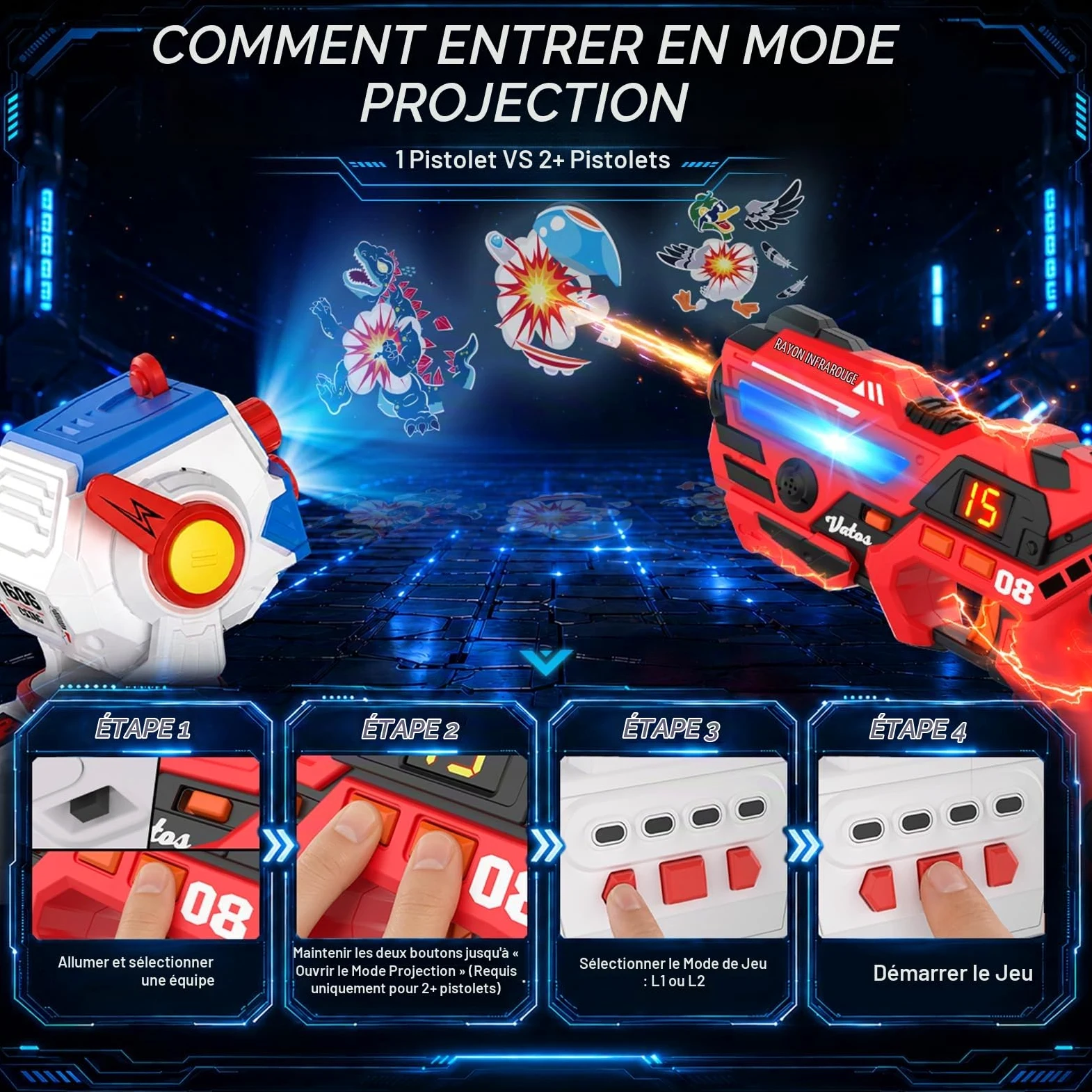 VATOS Set Laser Tag Rechargeable 2 Joueurs, Pistolets Laser Infrarouges et Projection Interactive (Écran LED + 3 Cartes Cibles), Jeu Laser Intérieur/Extérieur pour Enfants, Ados et Famille dès 6 Ans