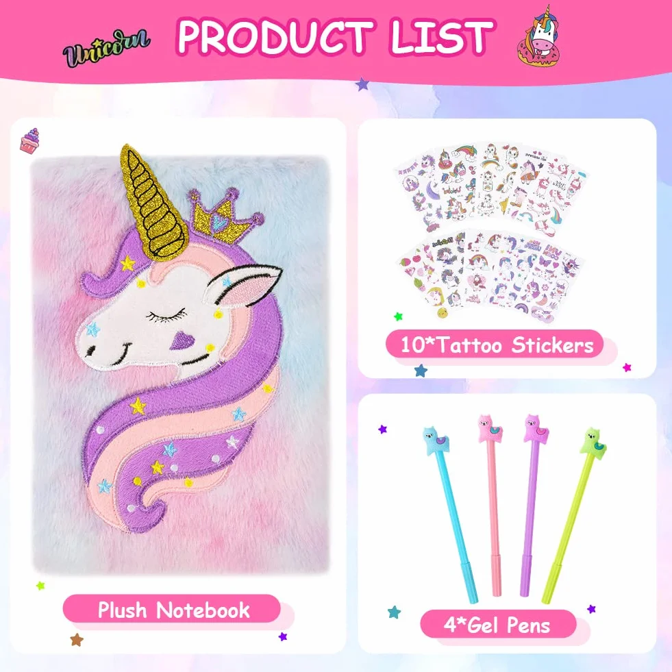 OFFCUP Journal Intime Fille Crown Unicorn Carnet Secret en Peluche 160 Pages A5 avec Stylo et Autocollants