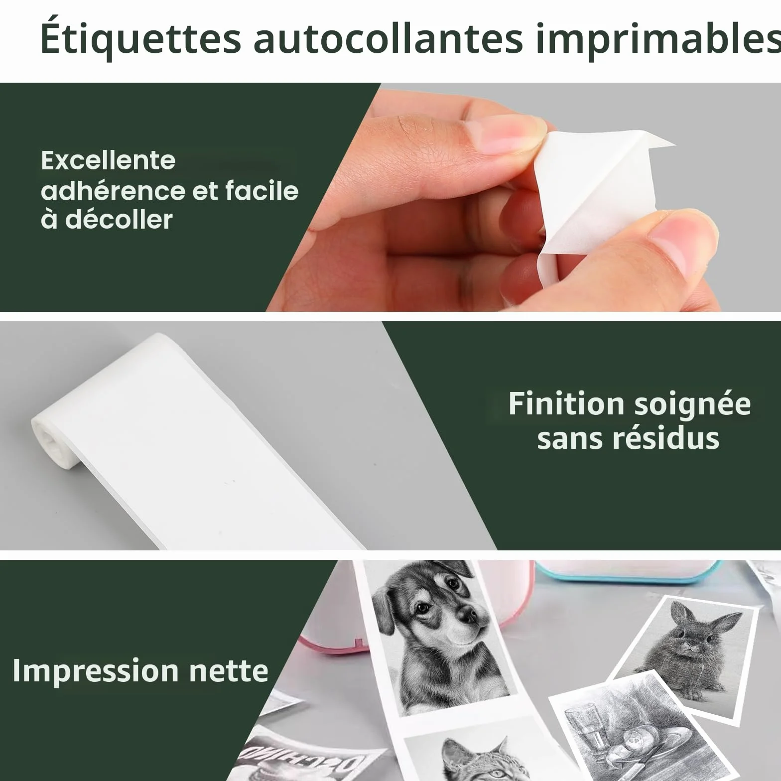 Papier Thermique pour Mini Imprimante, Lot de 10 Rouleaux Autocollants