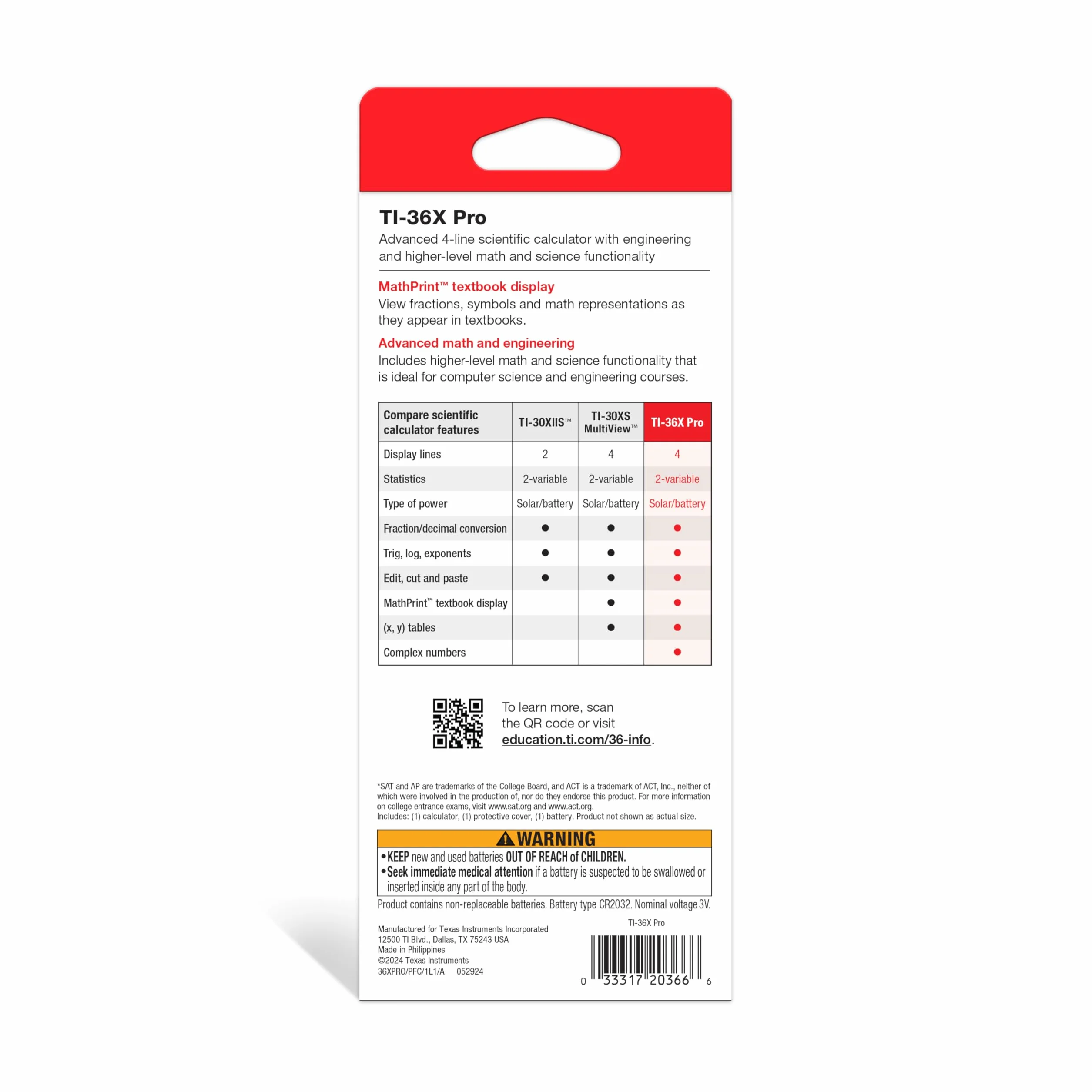 Texas Instruments TI-36X Pro Calculatrice Scientifique Noir