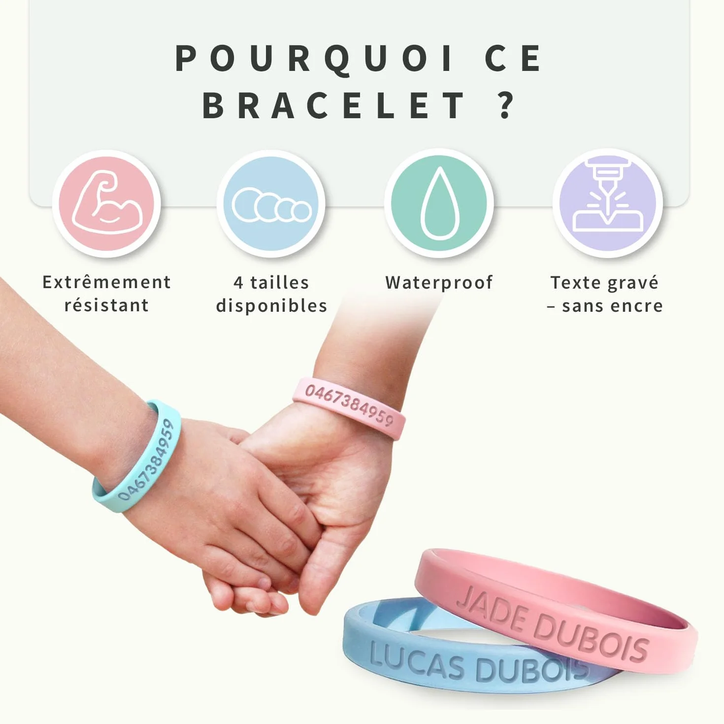 Bracelets d'Identification SOS Personnalisables pour Enfant avec Numéro de Téléphone - Lot de 2