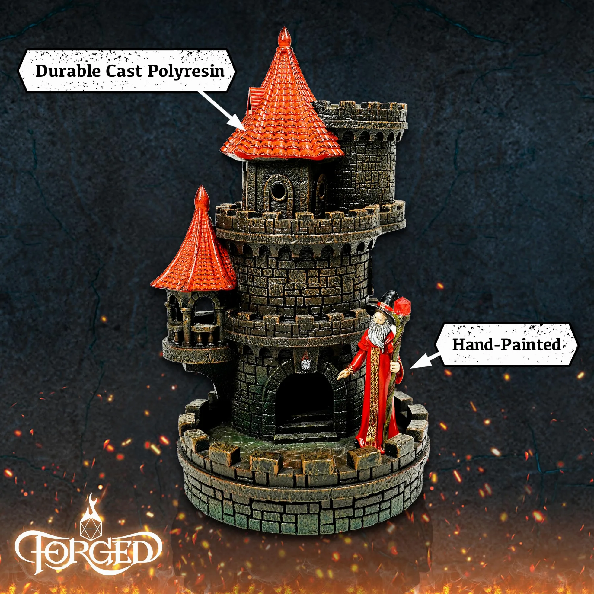 Forged Dice Co. Tour de dés Wizard's Castle – Peint à la main – Convient aux dés Donjons et Dragons – Rouge