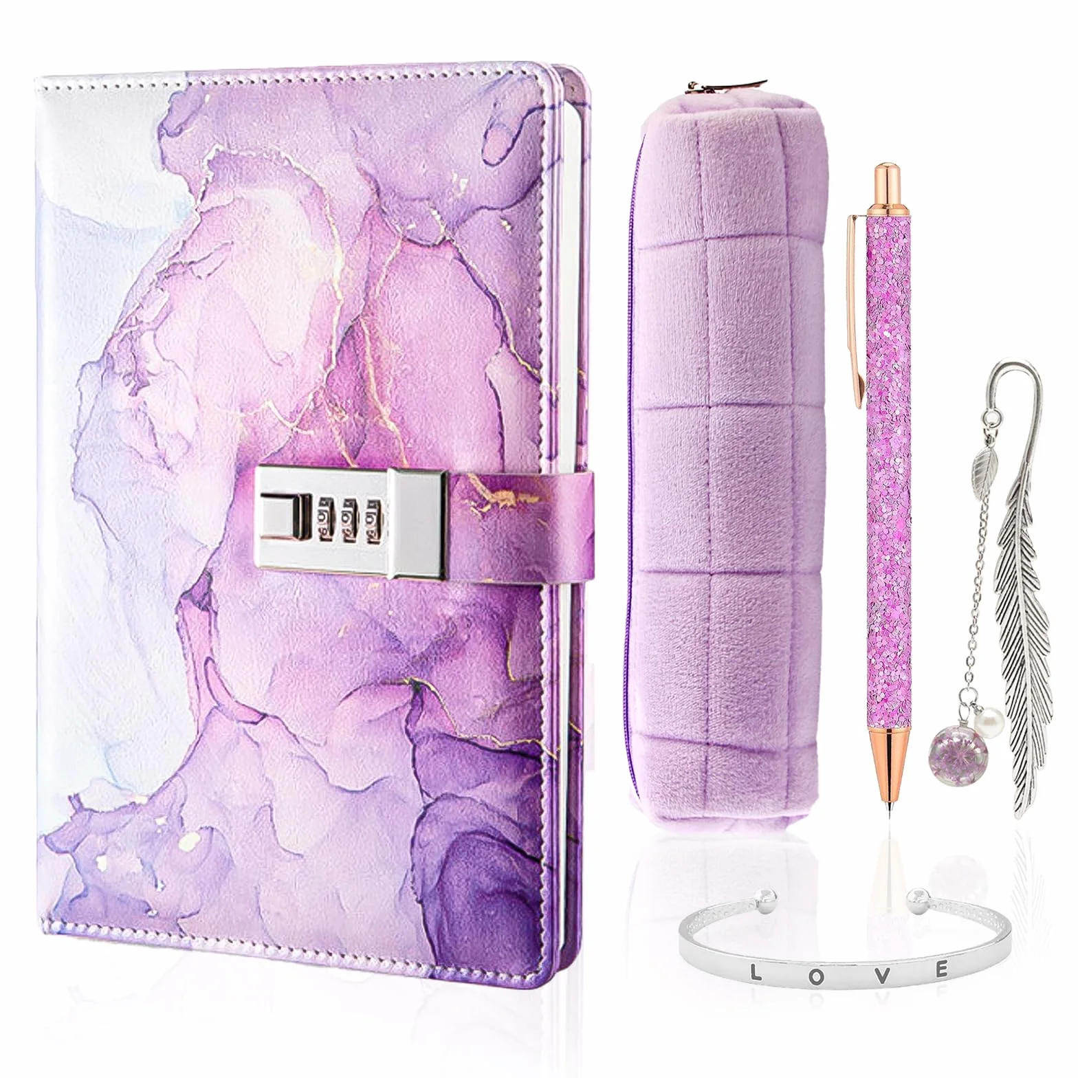 TNSLAND Set de Papeterie Violet, Journal Intime Fille avec Serrure, Cadeaux pour Filles 7-14 Ans