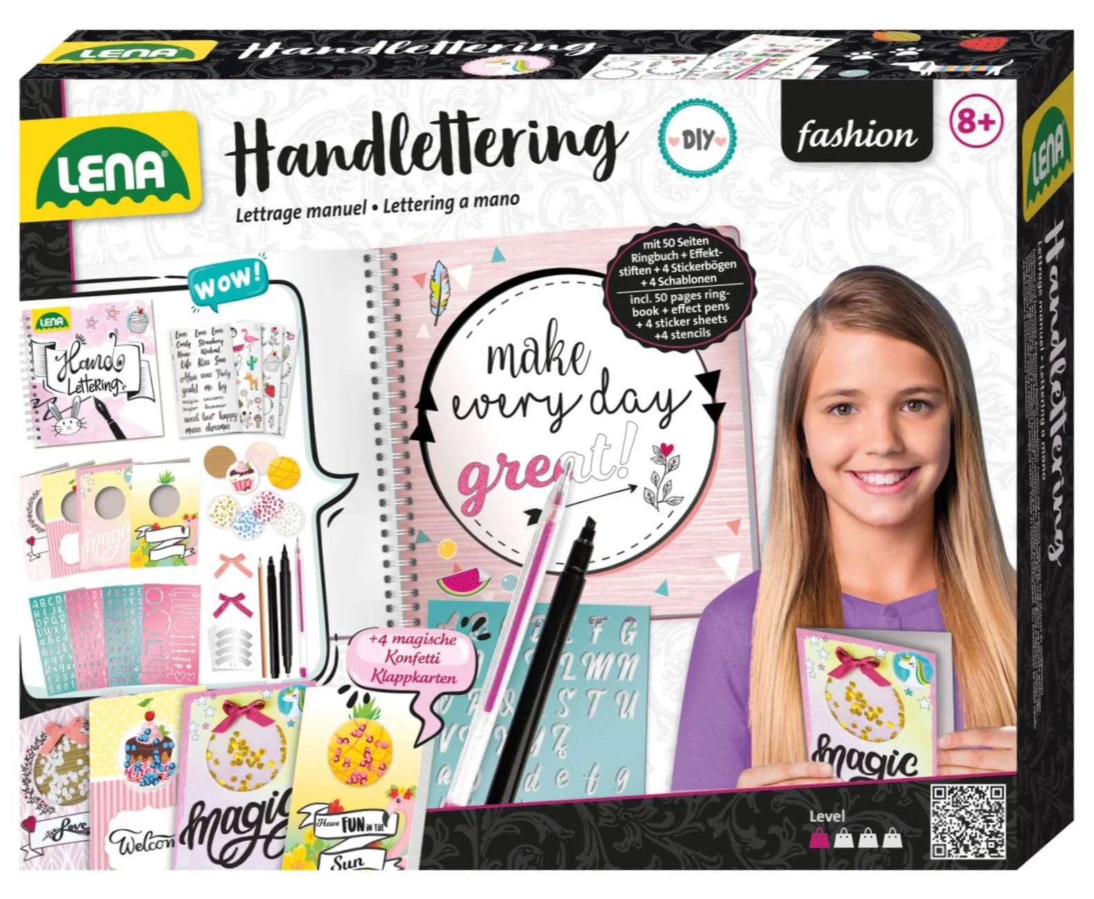 LENA Handlettering Set Grand avec carnet à anneaux, pochoirs de lettres, crayons, autocollants, cartes pliables