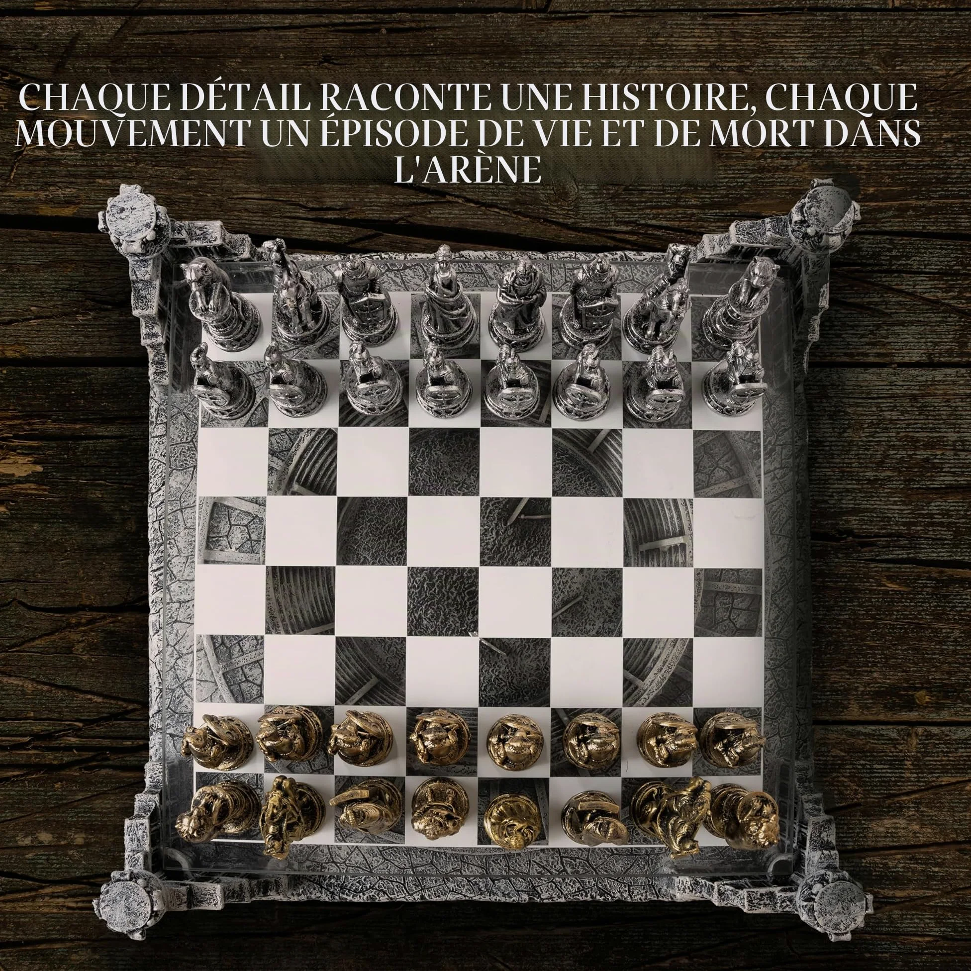 Échiquier Professionnel Rome Antique 40x40 cm avec Base Céramique | Plateau en Verre et Pièces d'Échecs en Résine Or et Argent - Jeu de Société Colisée et Empire Romain - Idée Cadeau