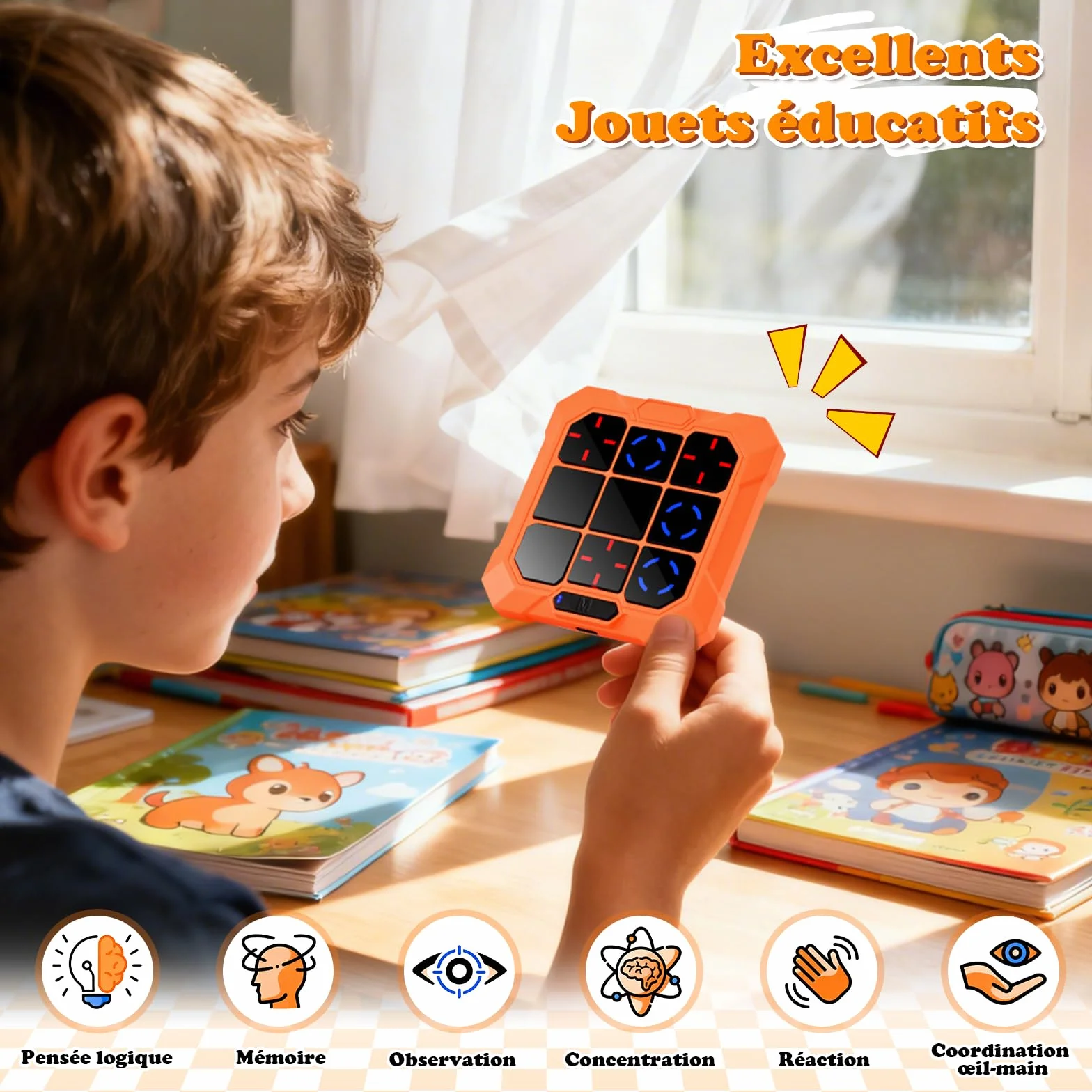 BlueSwan Morpion Électronique 6‑en‑1 Console de Jeu Portable Rechargeable avec Mode Silencieux Orange