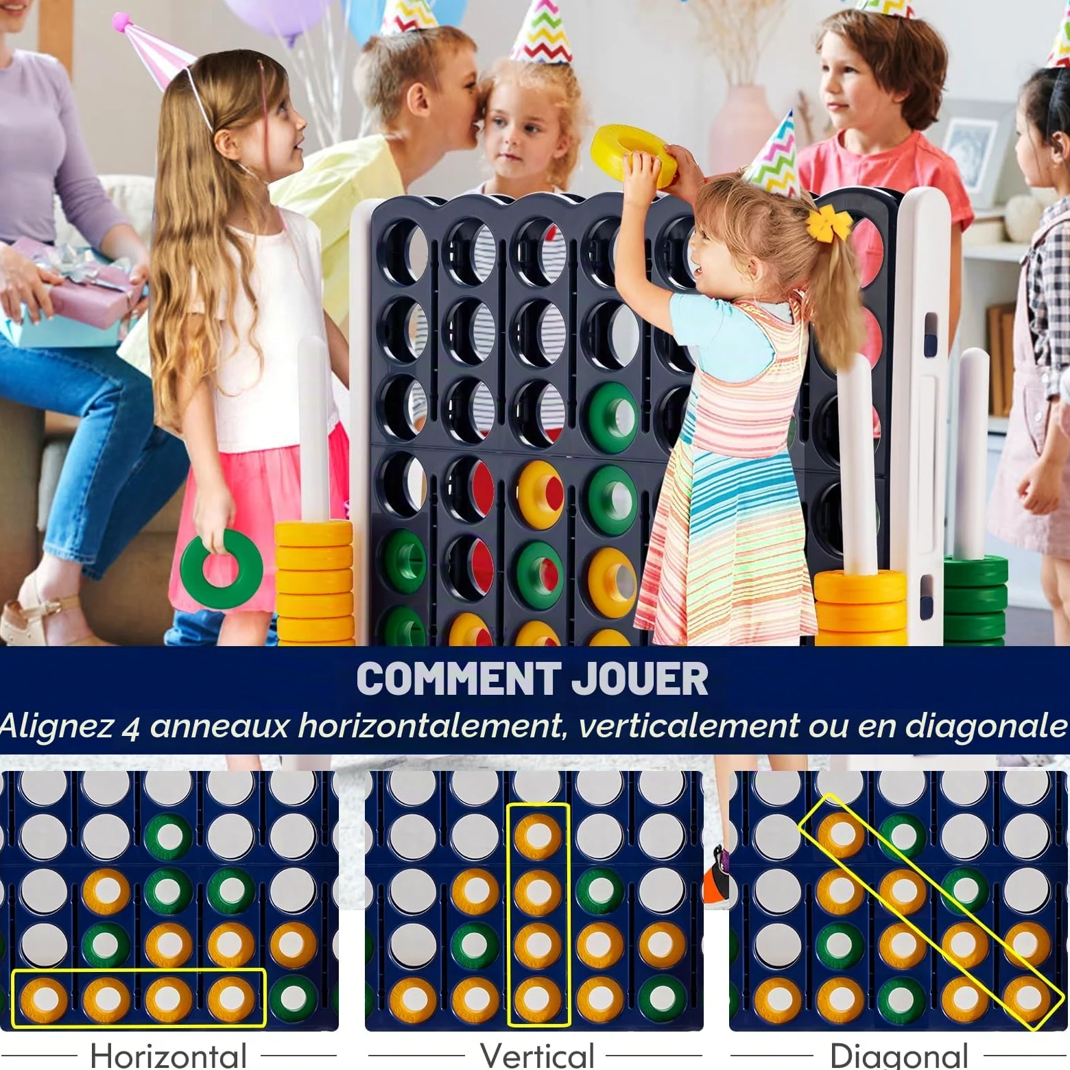HOMASIS jeu Énorme de 4 en raye, stratégie avec 42 anneaux & curseur, jouet en ligne pour enfants et adultes en plein air (blanc)