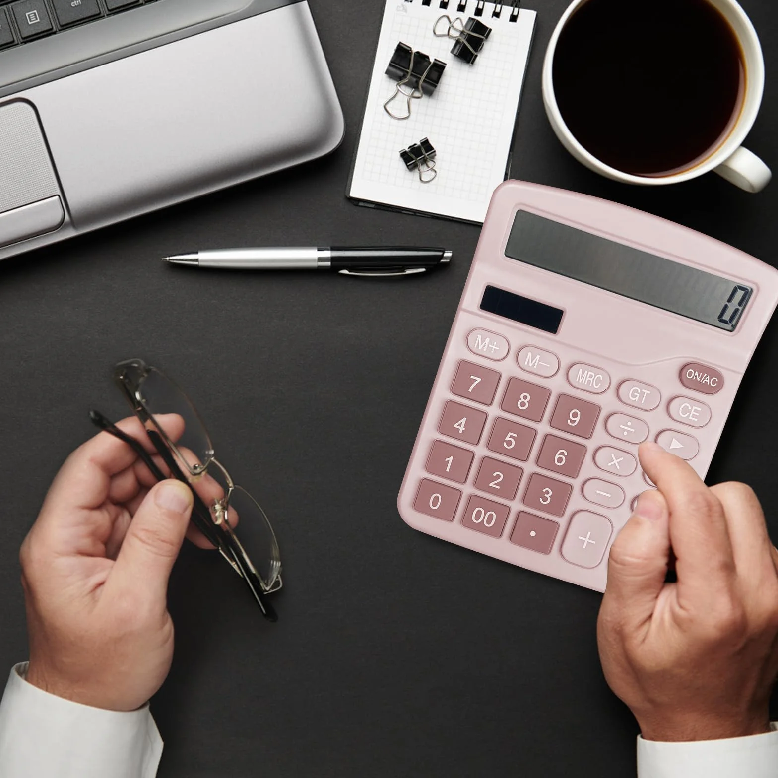 Calculatrice Solaire Grand Écran LCD 12 Chiffres, Mini Calculatrice Standard, Grands Boutons, Rose