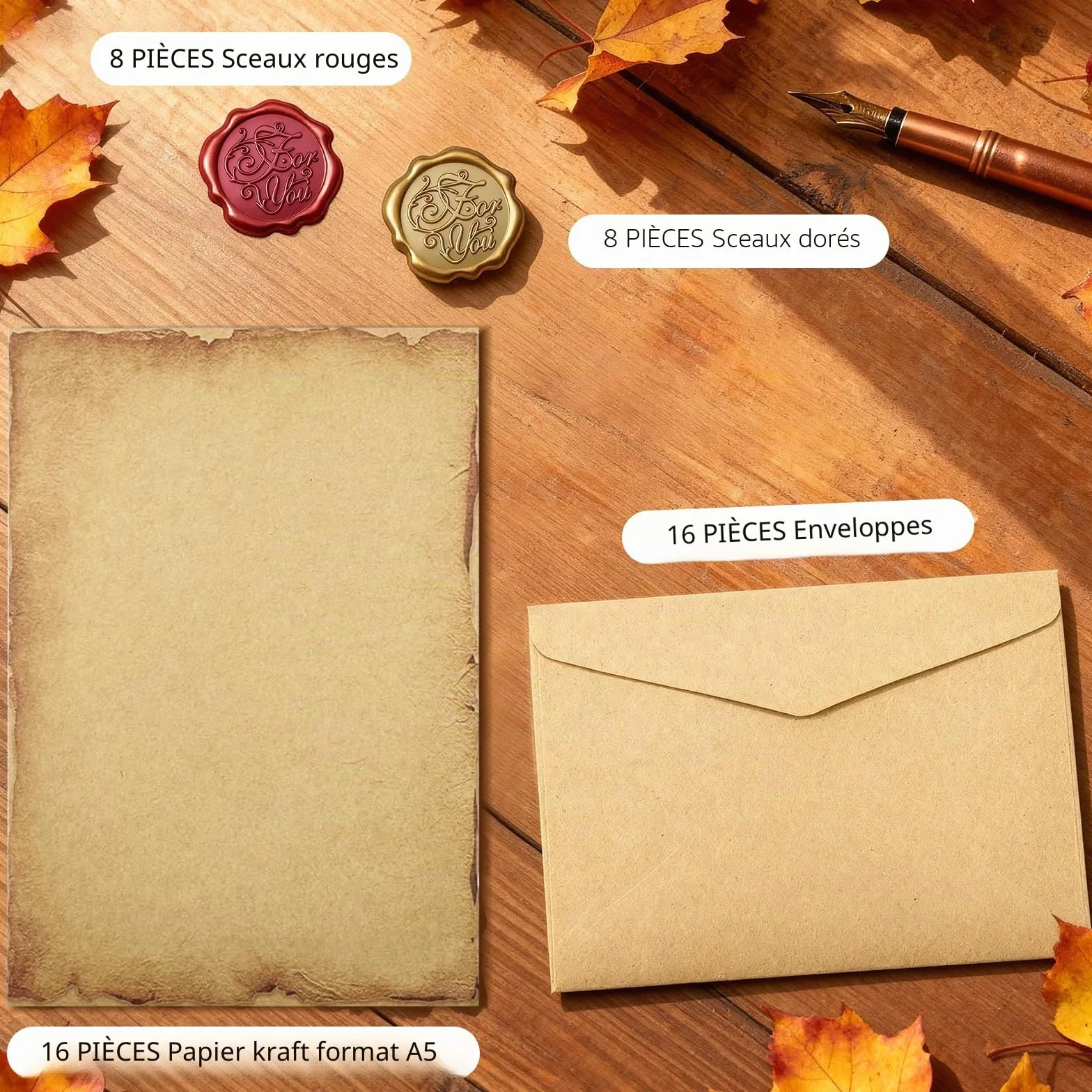 Ensemble de Papeterie Vintage 16 Enveloppes Papier Kraft Lettre Autocollants Sceau Cire Mariage