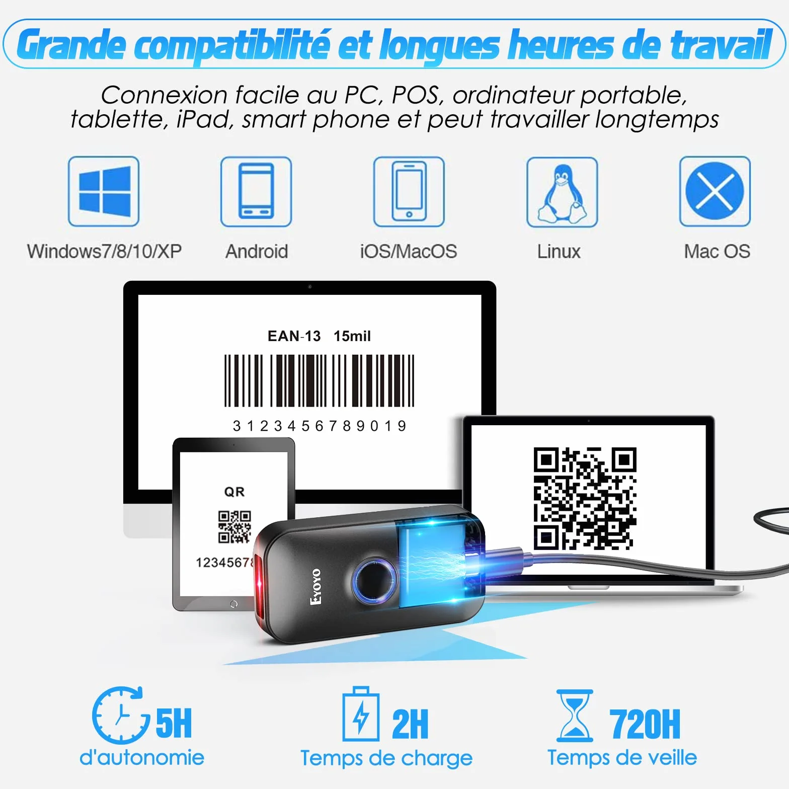 Eyoyo 2D Bluetooth Barcode Scanner, Douchette Lecteur Code Barre sans Fil 1D QR pour iPhone iPad iOS Android PC