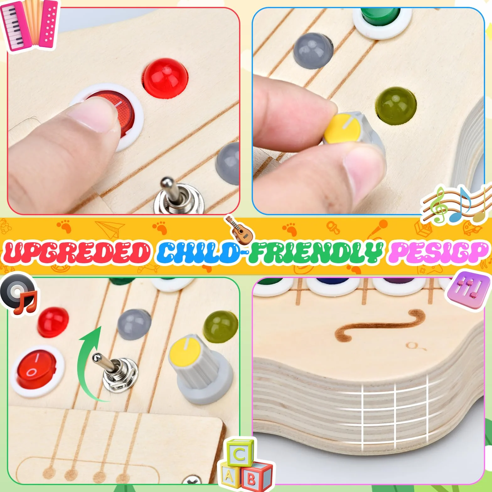 Busy Board Montessori Guitare Jouet Enfant avec Lumières LED et Boutons de Note Jouet en Bois Sensoriel pour 1-5 Ans