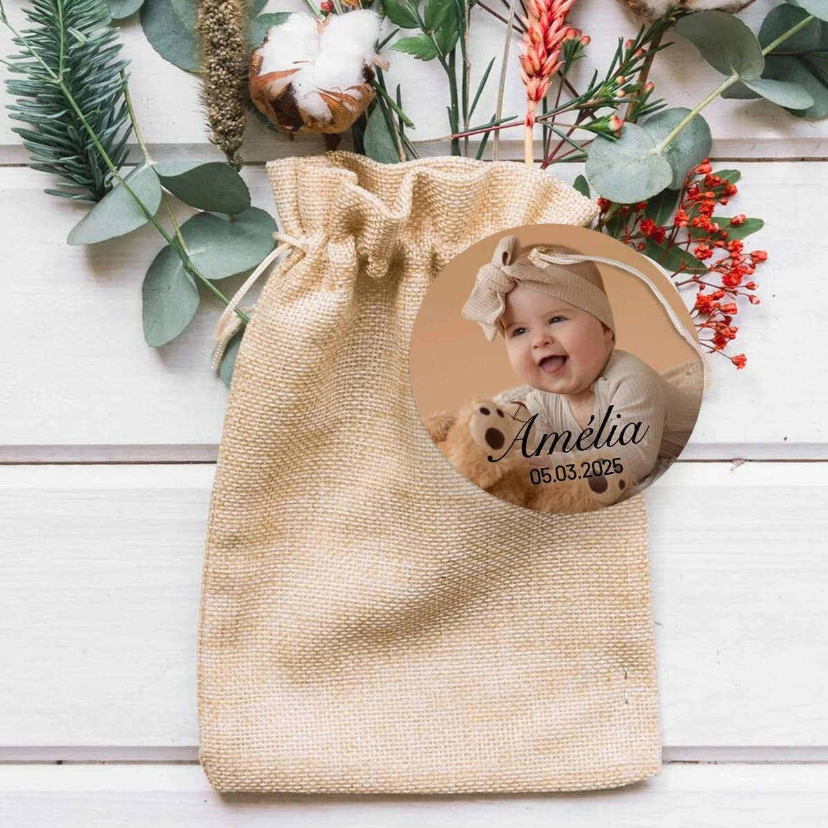 Étiquettes personnalisées rondes photo baby shower naissance baptême 3,7cm 4,5cm mat brillant perforées cadeaux invités